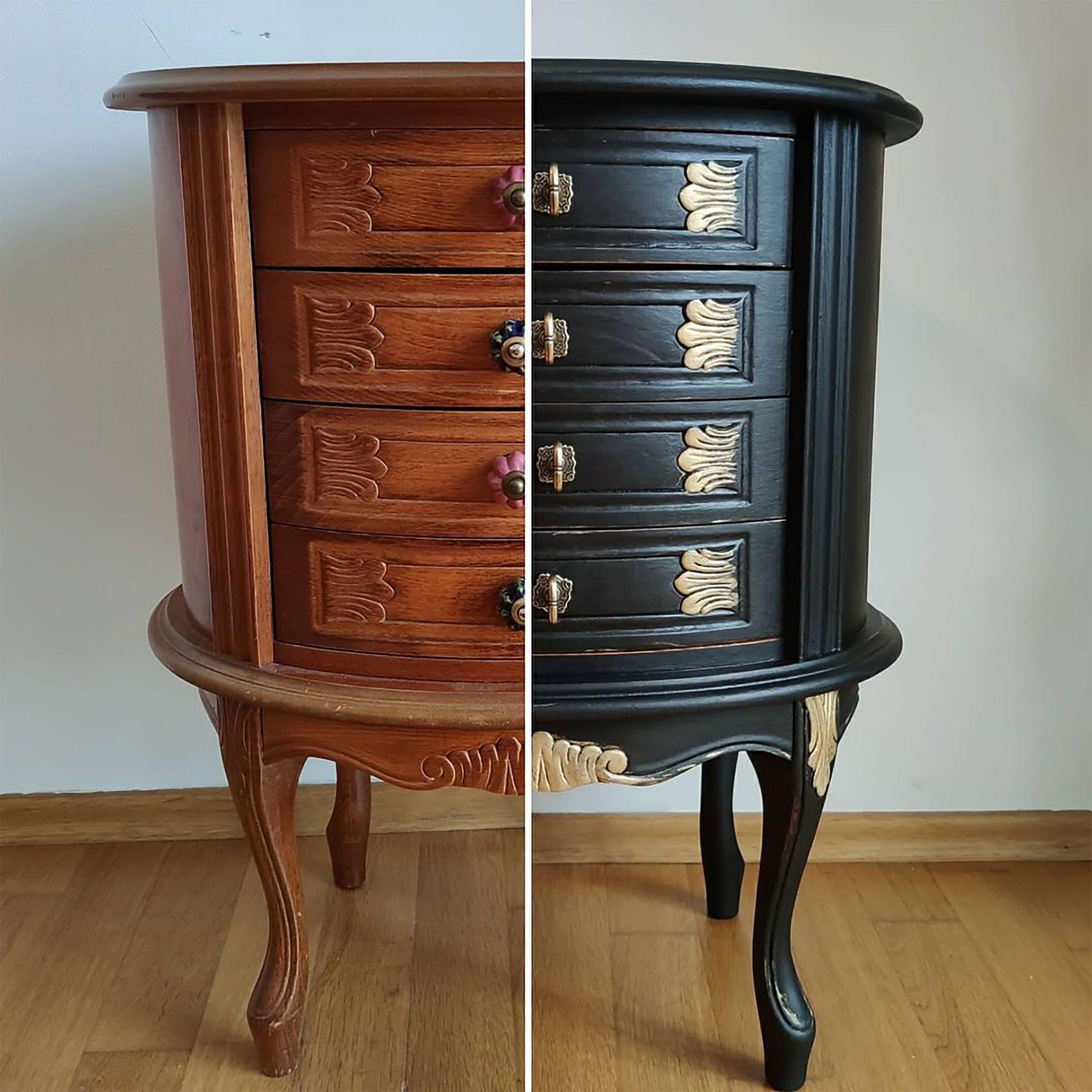 Before and after picture of a wooden chest of drawers modernised by being painted black and gold.