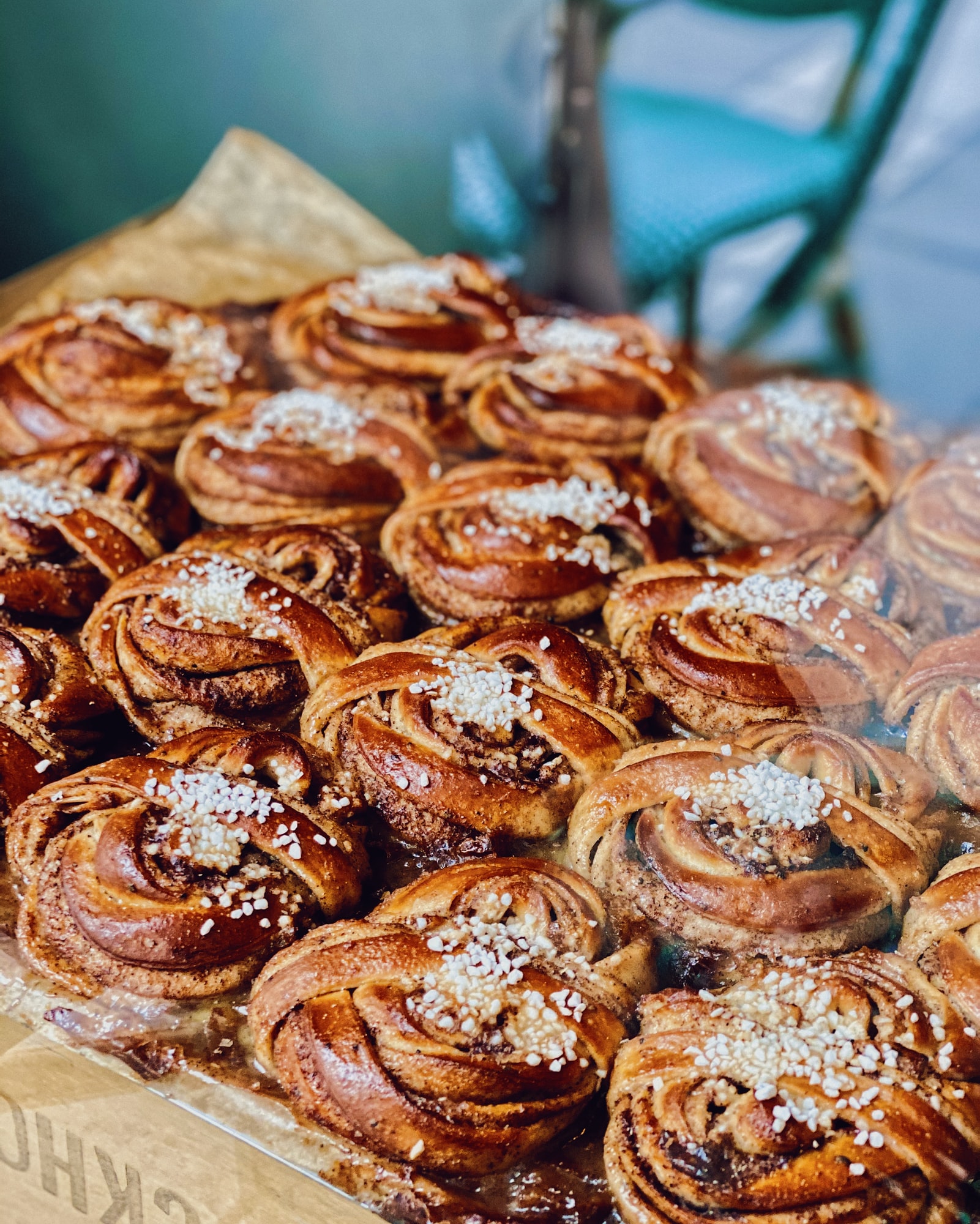 Freshly baked kanelsnegl - Danish Cinnamon rolls - in a shop window.
