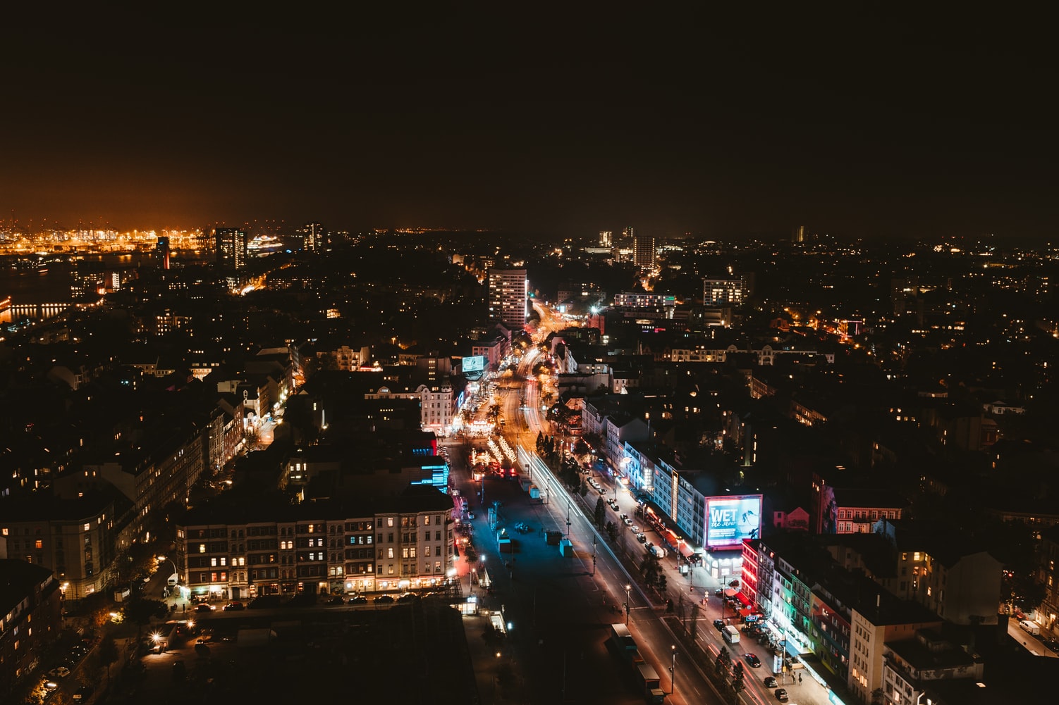 Aerial view of Hambrug, Germany, by night.