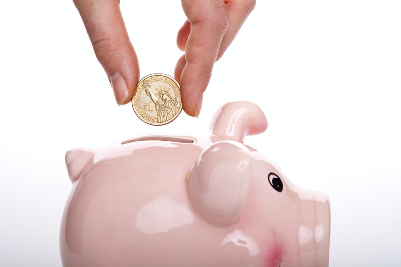 A coin being dropped into a pig piggy bank by a hand.