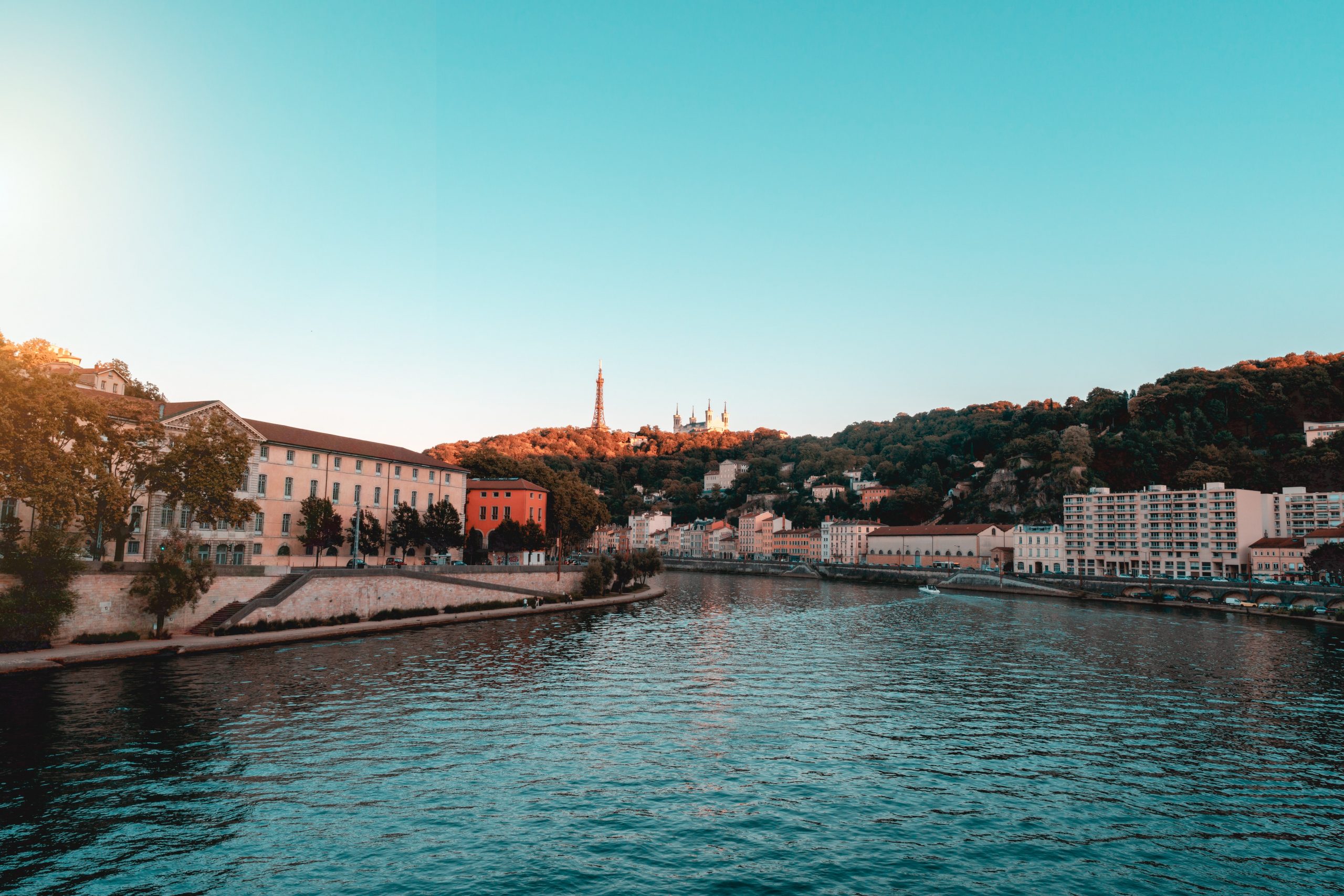 A river view of Lyon, France, in the afternoon