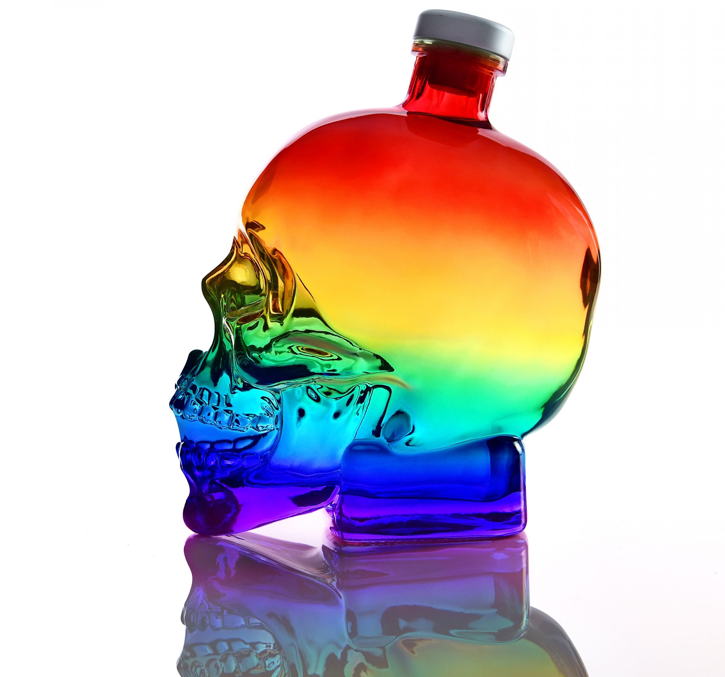 A rainbow-coloured crystal skull bottle of vodka from Crystal Head, created to support the LGBTQ+ community