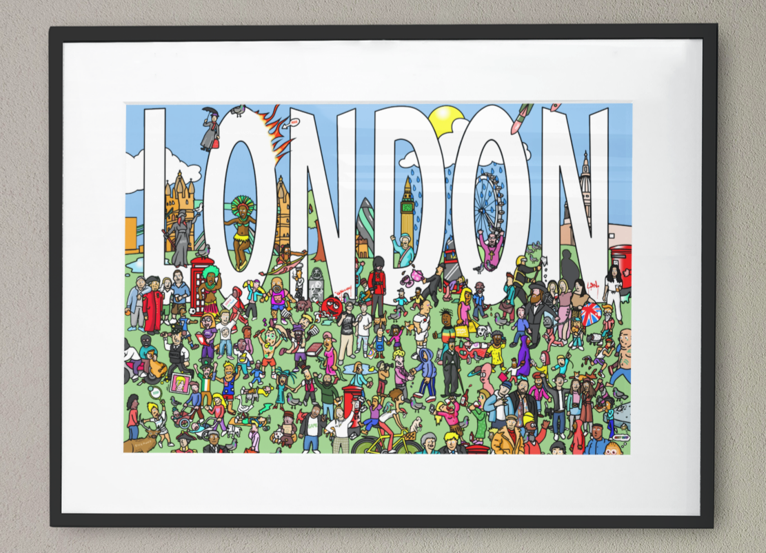 A cartoon depicting the word 'LONDON' with Londoners enjoying what the city has to offer