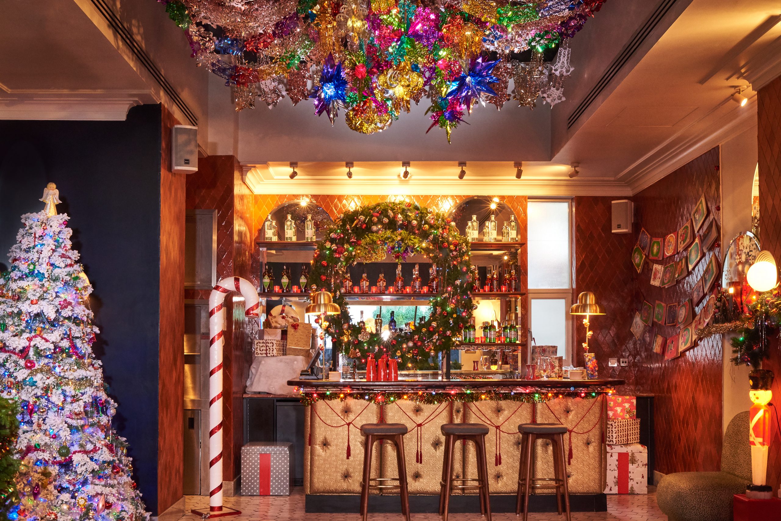 The vintage Christmas decorations at the Henrietta Hotel bar in Covent Garden