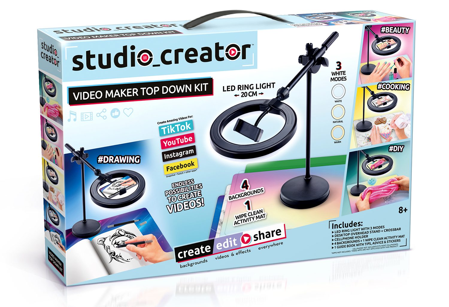 The illustrations on the Studio Creator box showcase how to use a Smartphone to create video content