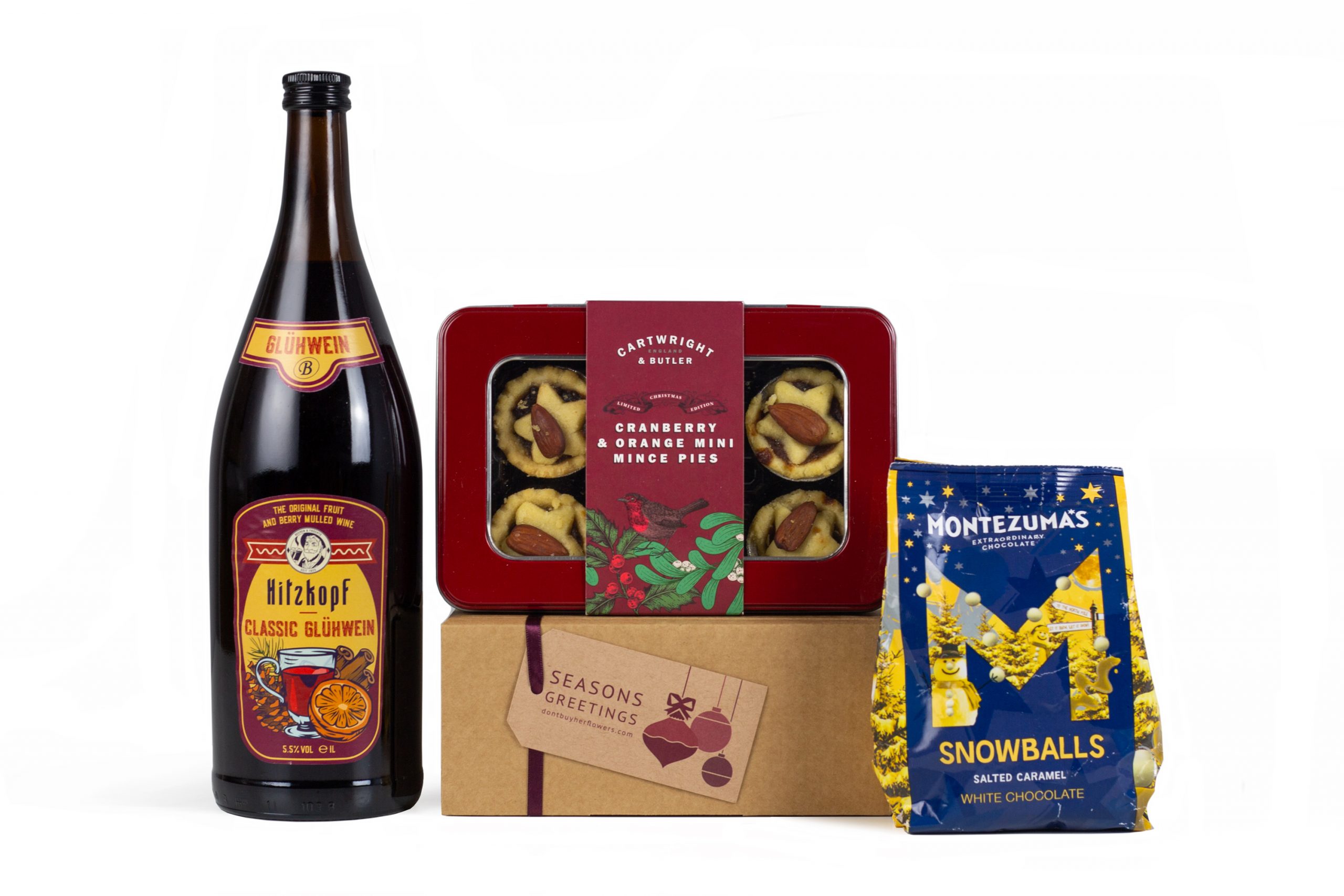 An appetising selection of mince pies, chocolates and cider that comes with Don't Buy Her Flowers' Christmas Package