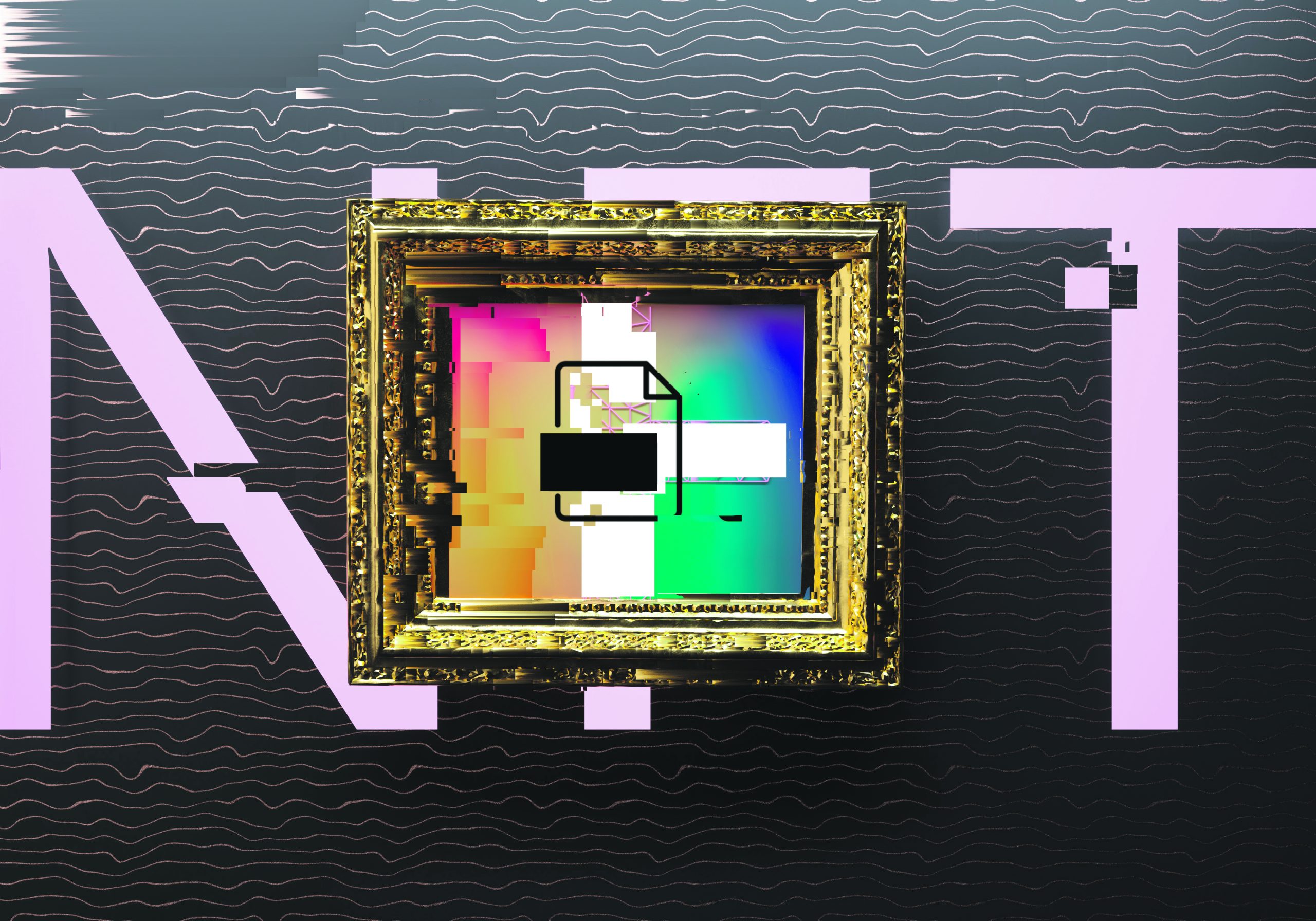 A painting with digital art centred on a digital background with the word NFT spelled in pink.