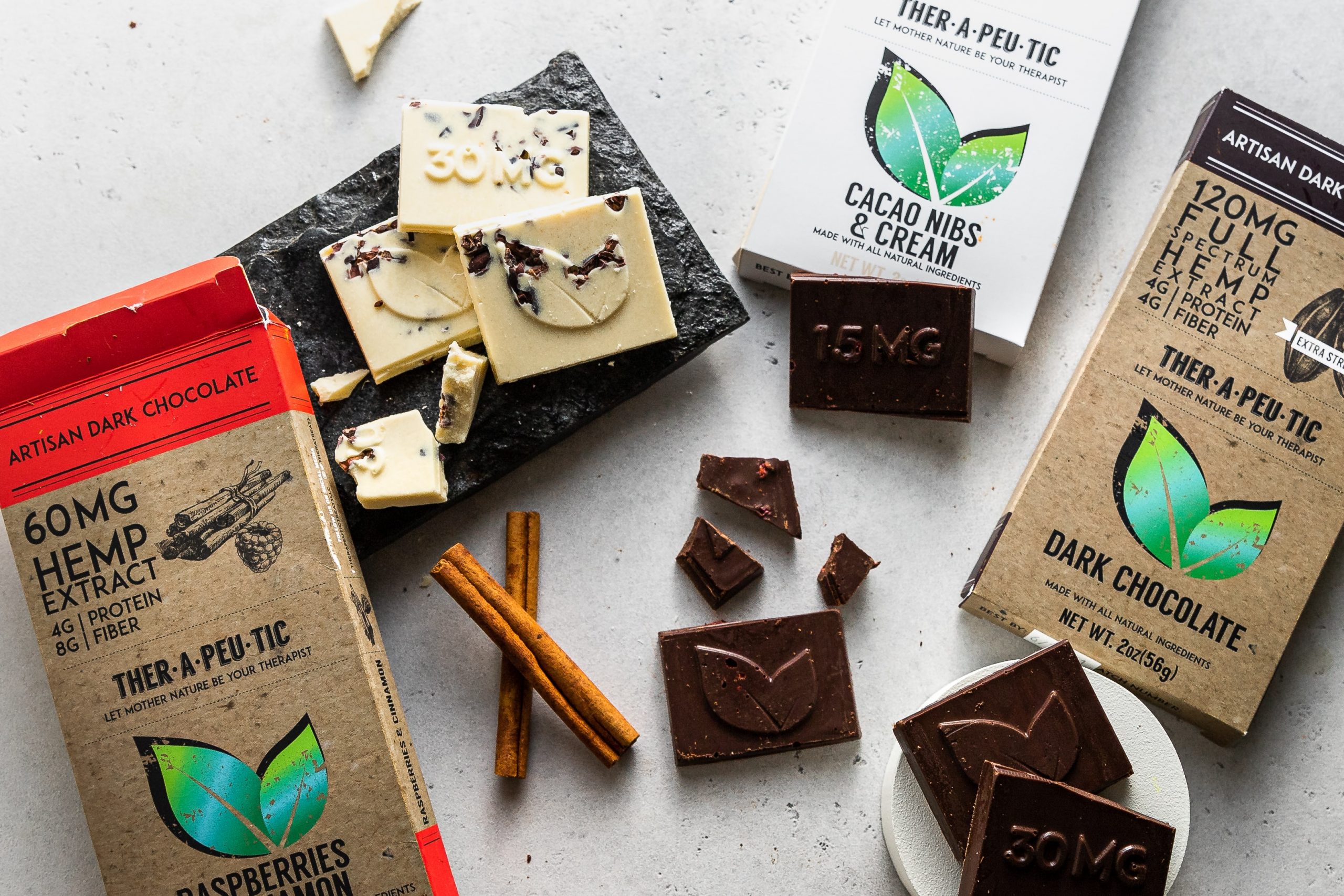 A selection of Therapeutic Artisan Chocolate Bars (60-120mg CBD).