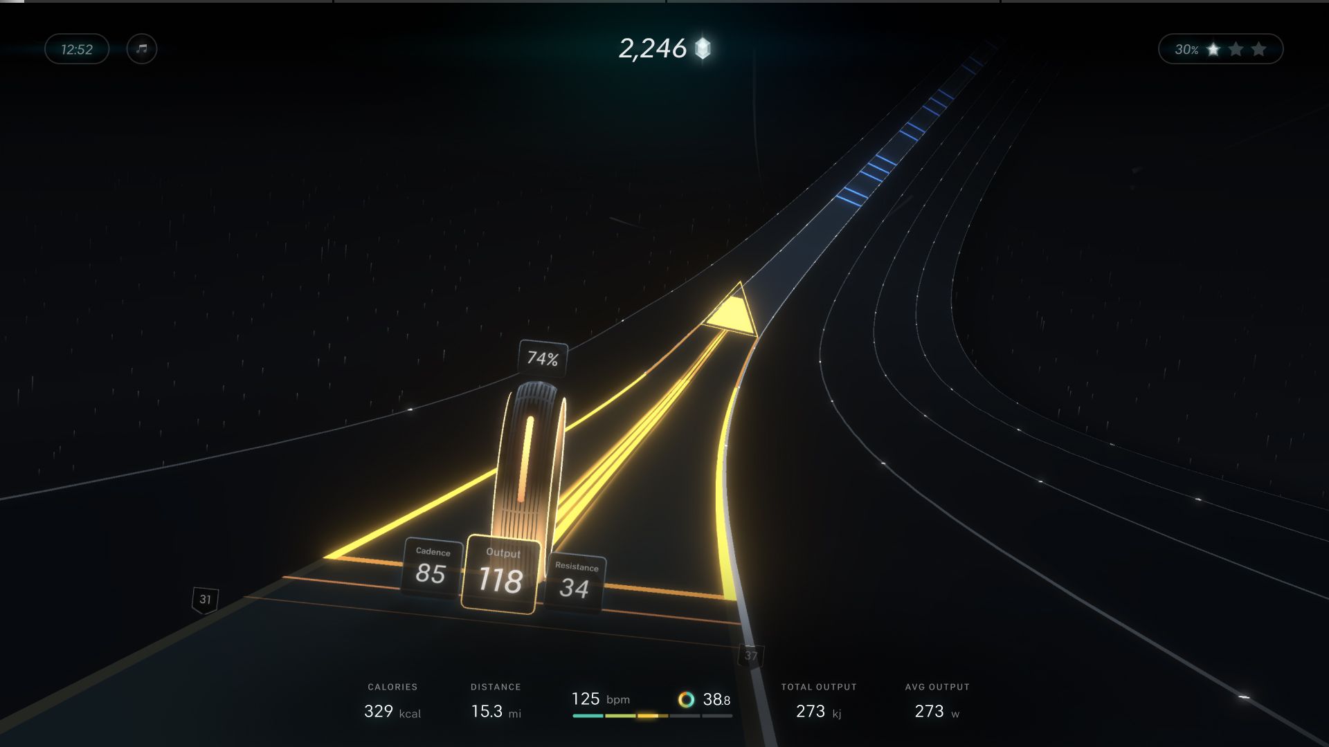 A TRON-like screenshot from Peloton Lanebreak during a gamified workout experience.