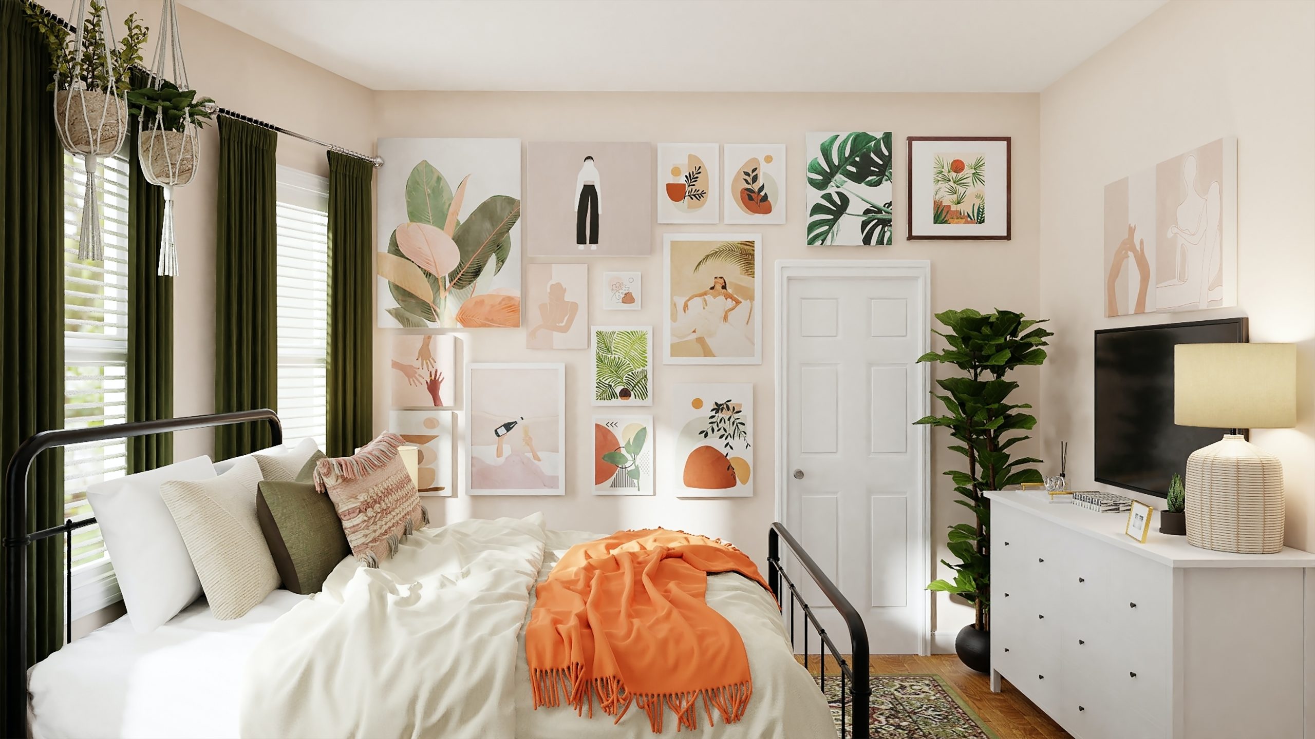 A light and airy bedroom with many framed pictures of plants on the walls.