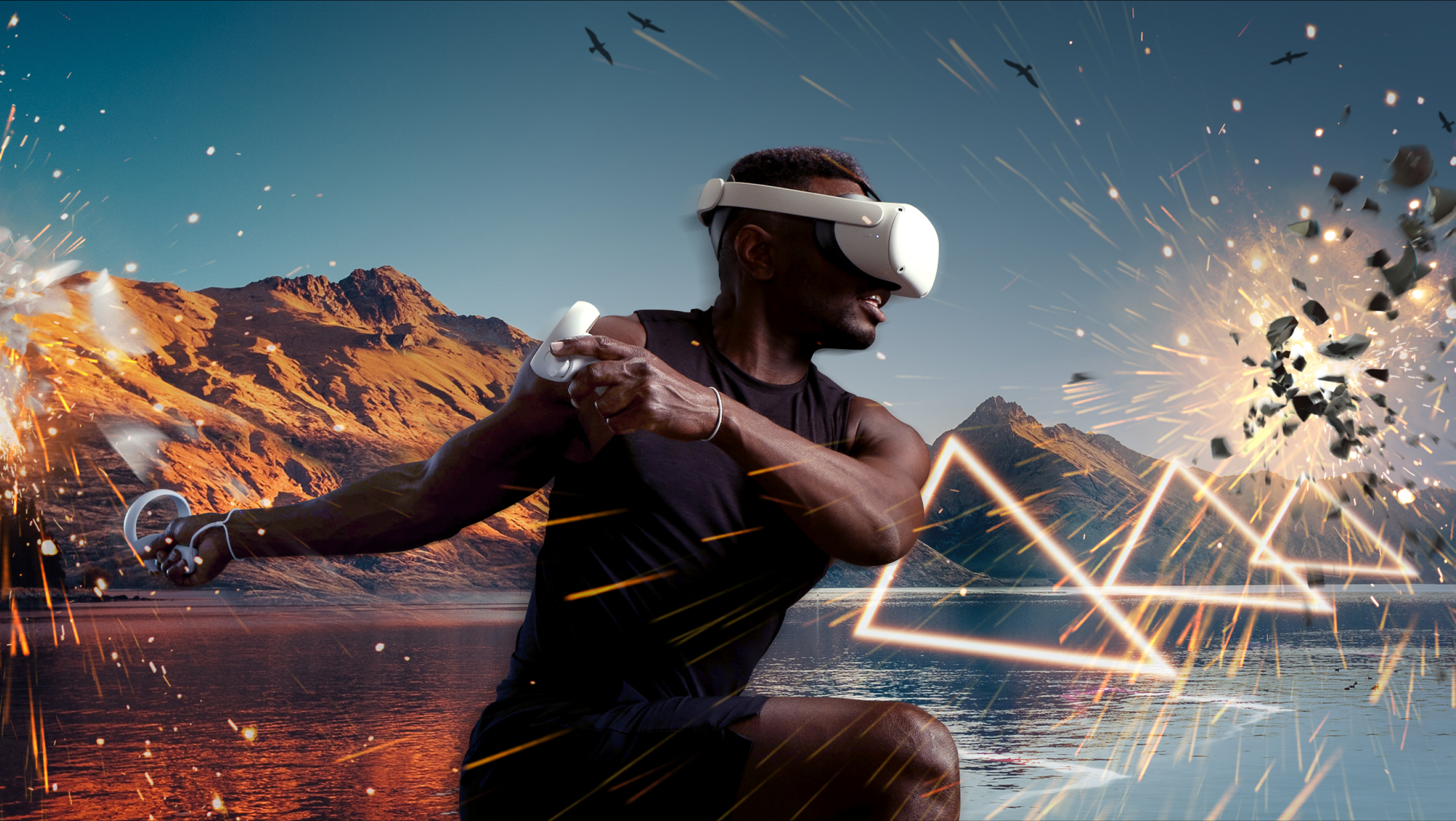 A young black man training with the VR workout app Supernatural with digital effects superimposed around him.