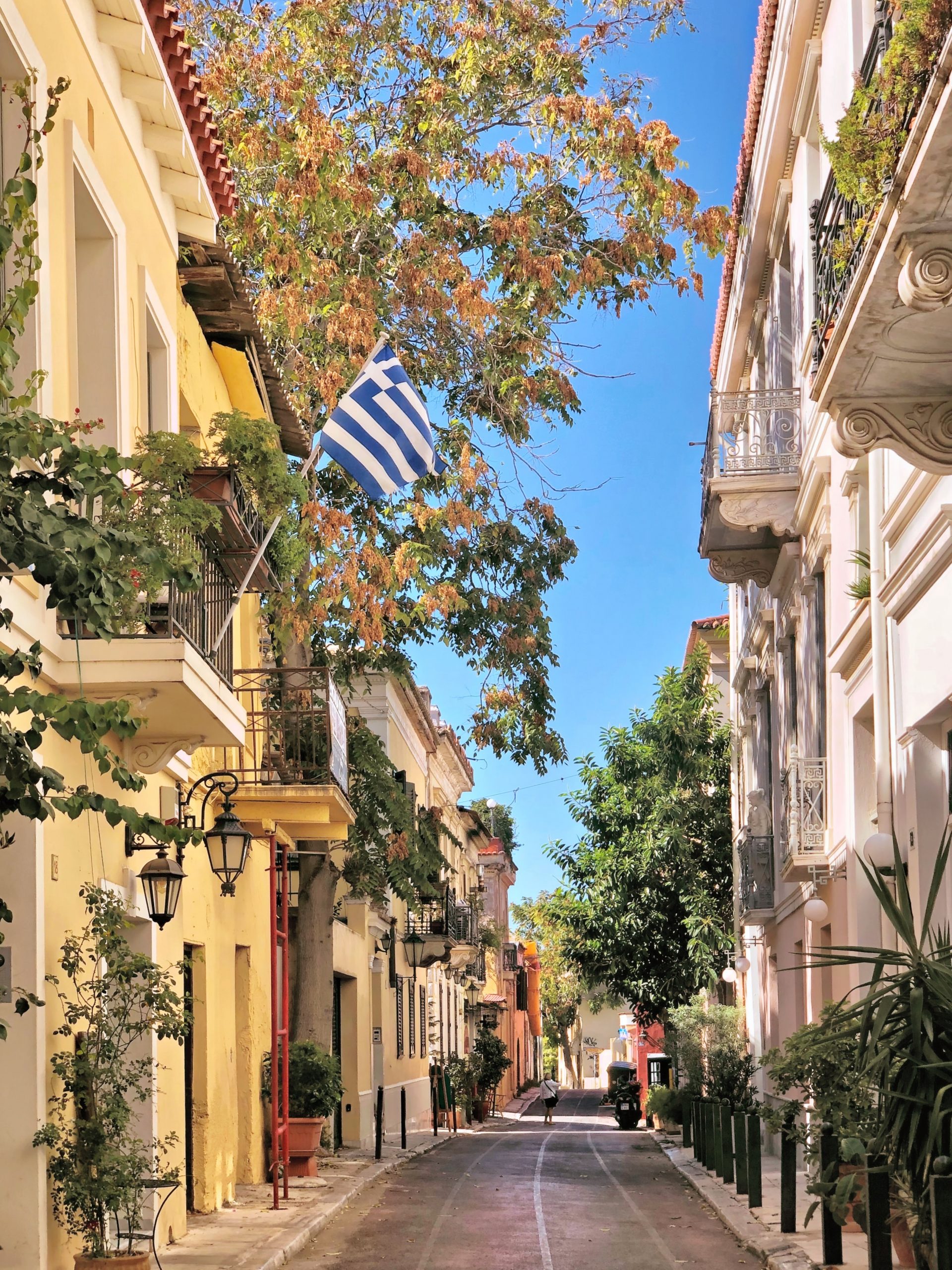 A residential alley blooming with greenery in Plaka, Athens, Greece.