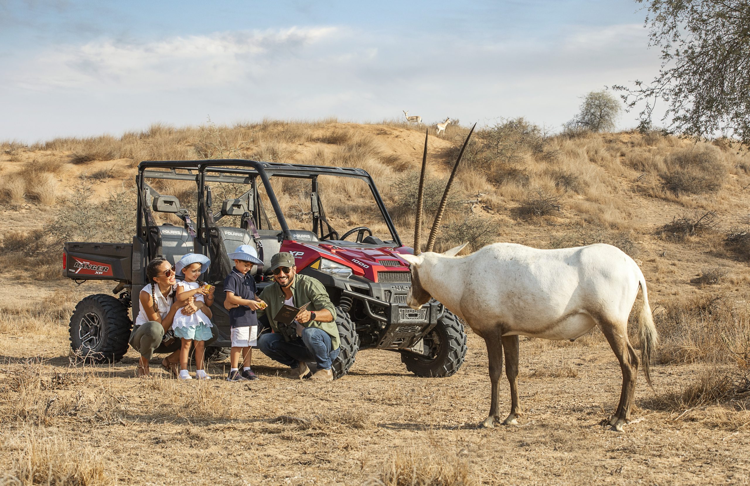 On safari, a family of four admire a gazelle in the Al Wadi Desert while huddling close to their jeep.