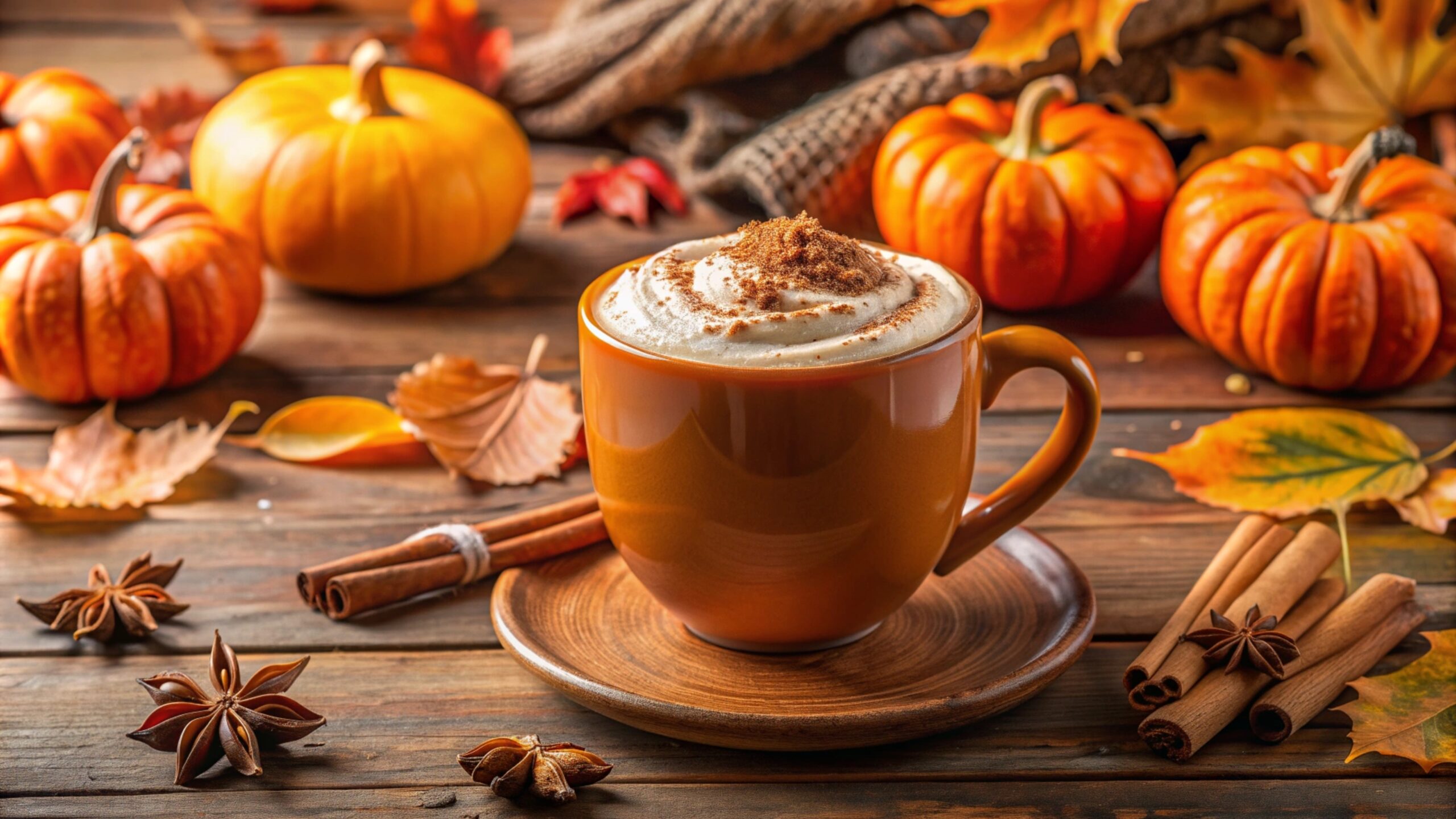 A pumpkin spice latte in an orange mug, on a table surrounded by mini pumpkins 