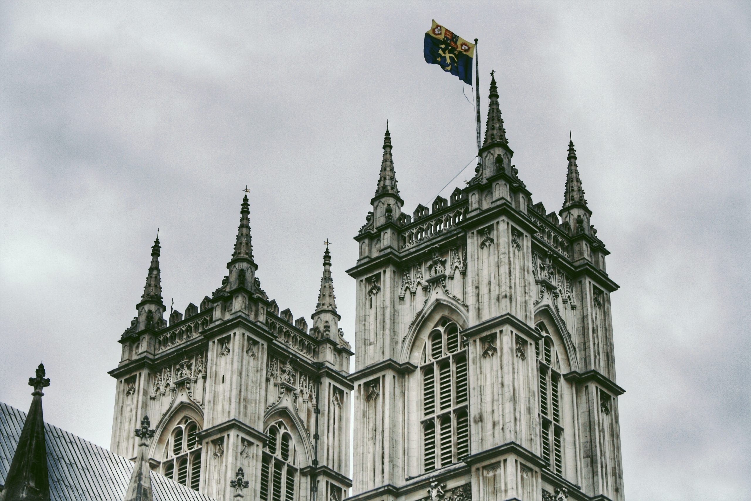 The Abbey Flag being flown above Westminster Abbey to mark the Head of State visiting the Grave of the Unknown Soldier.