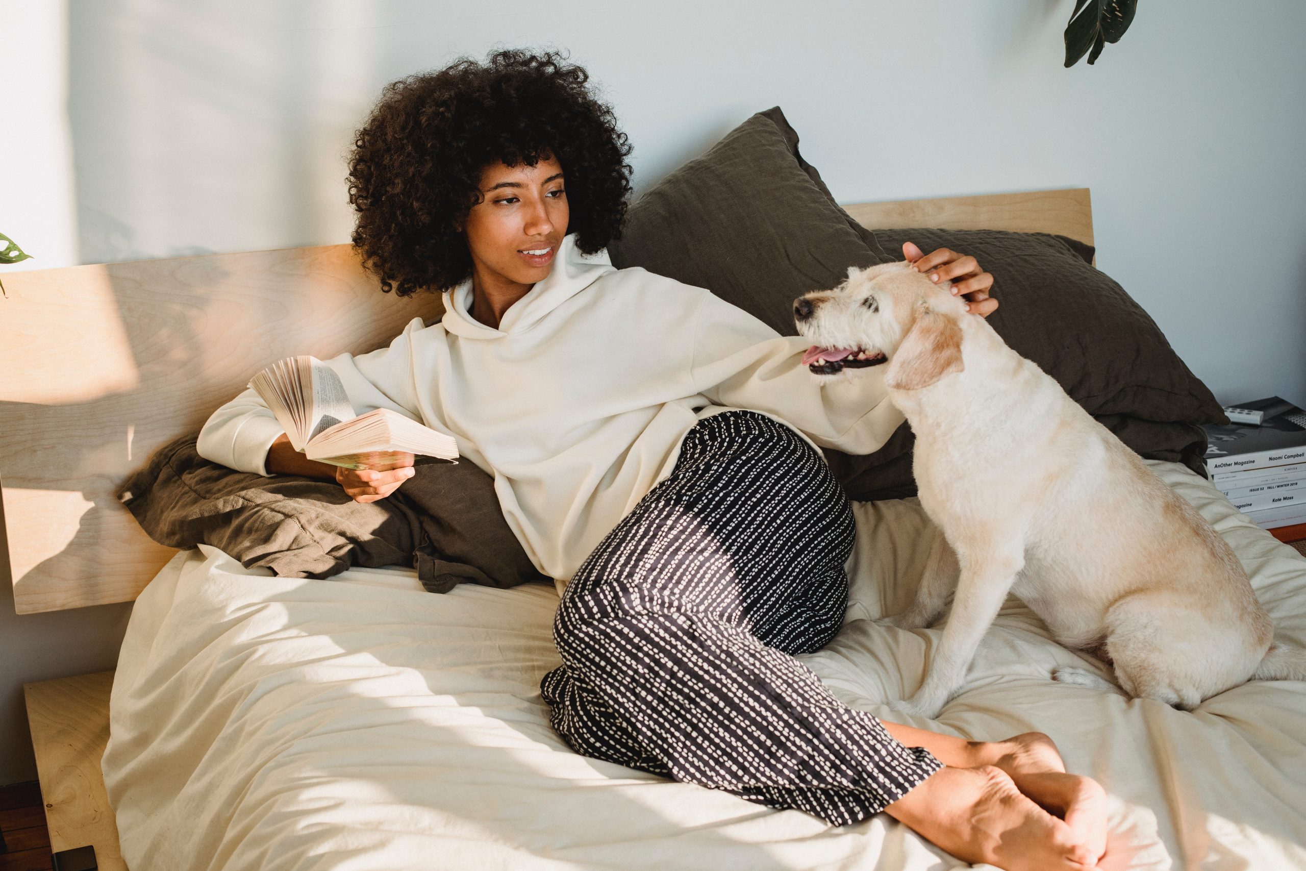 A young black woman pets her dog affectionately while reading her book in bed.