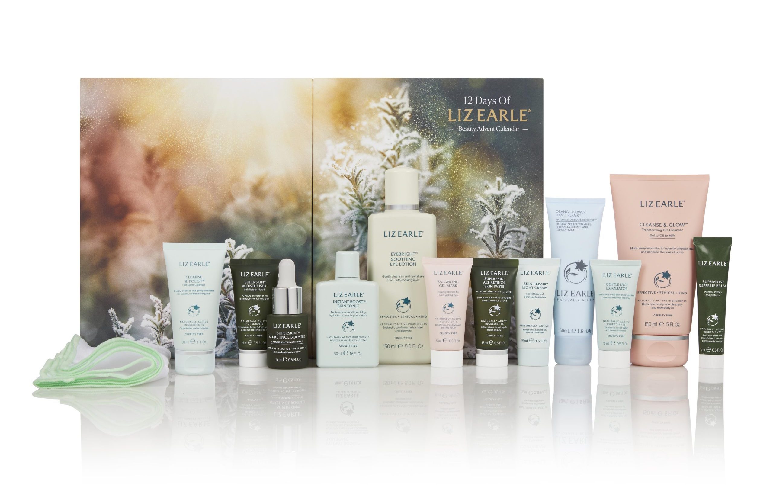 All the beauty products inside the 12 Days of Liz Earle Beauty Advent Calendar.