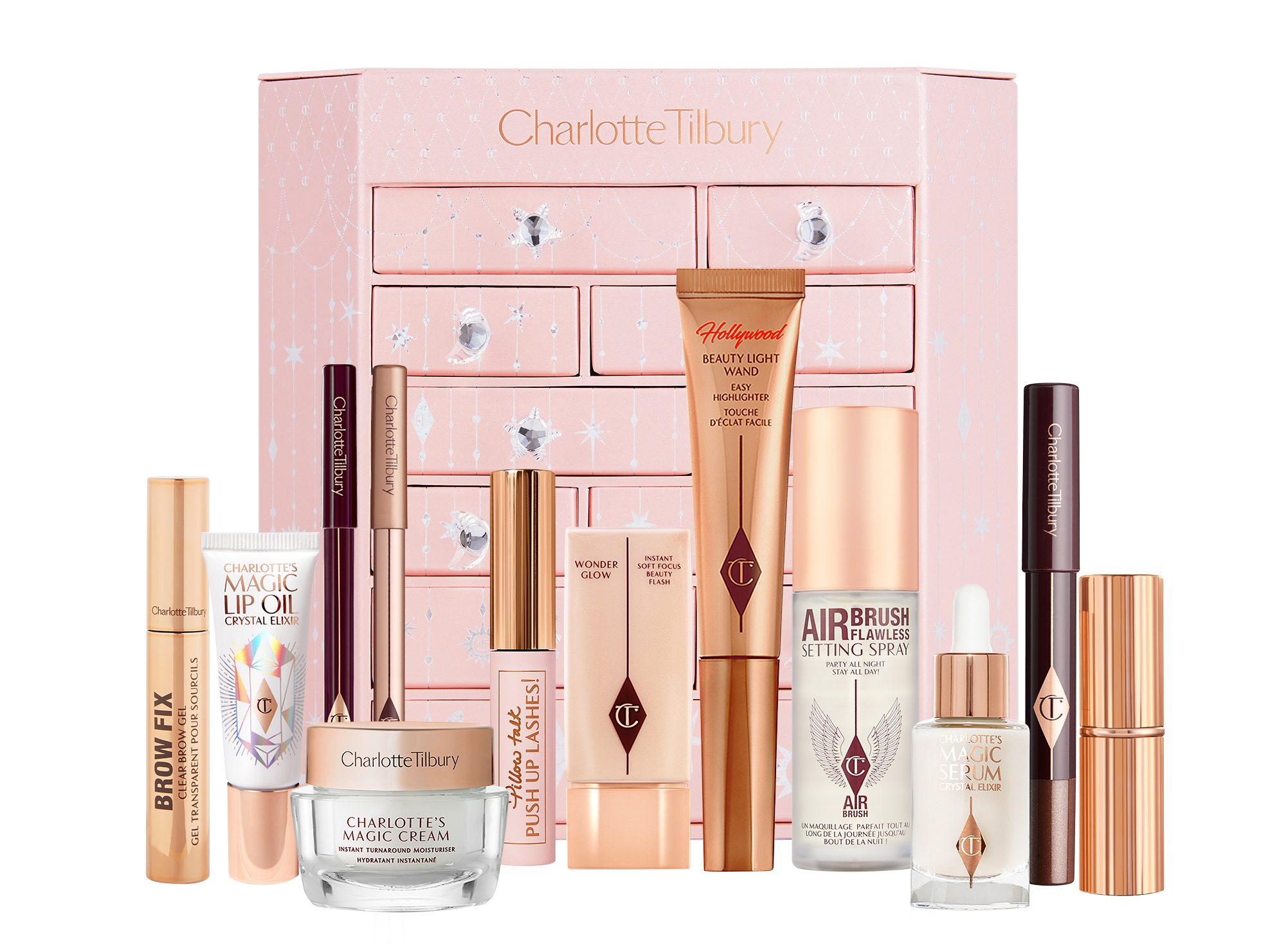Charlotte Tilbury's Diamond Chest of Beauty Stars advent calendar with all the beauty products inside on display.