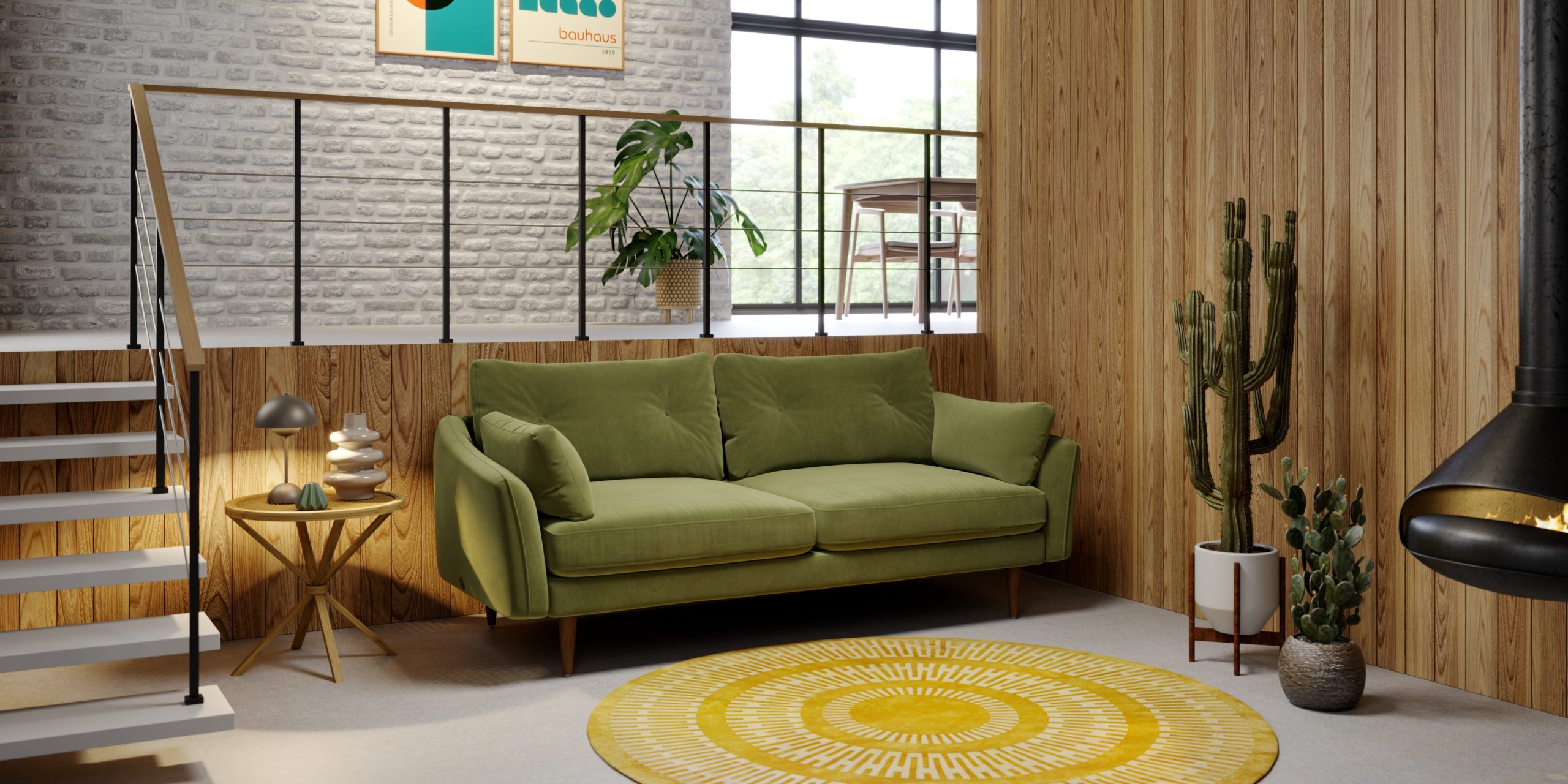 Living room with olive green sofa, yellow rug and wooden details