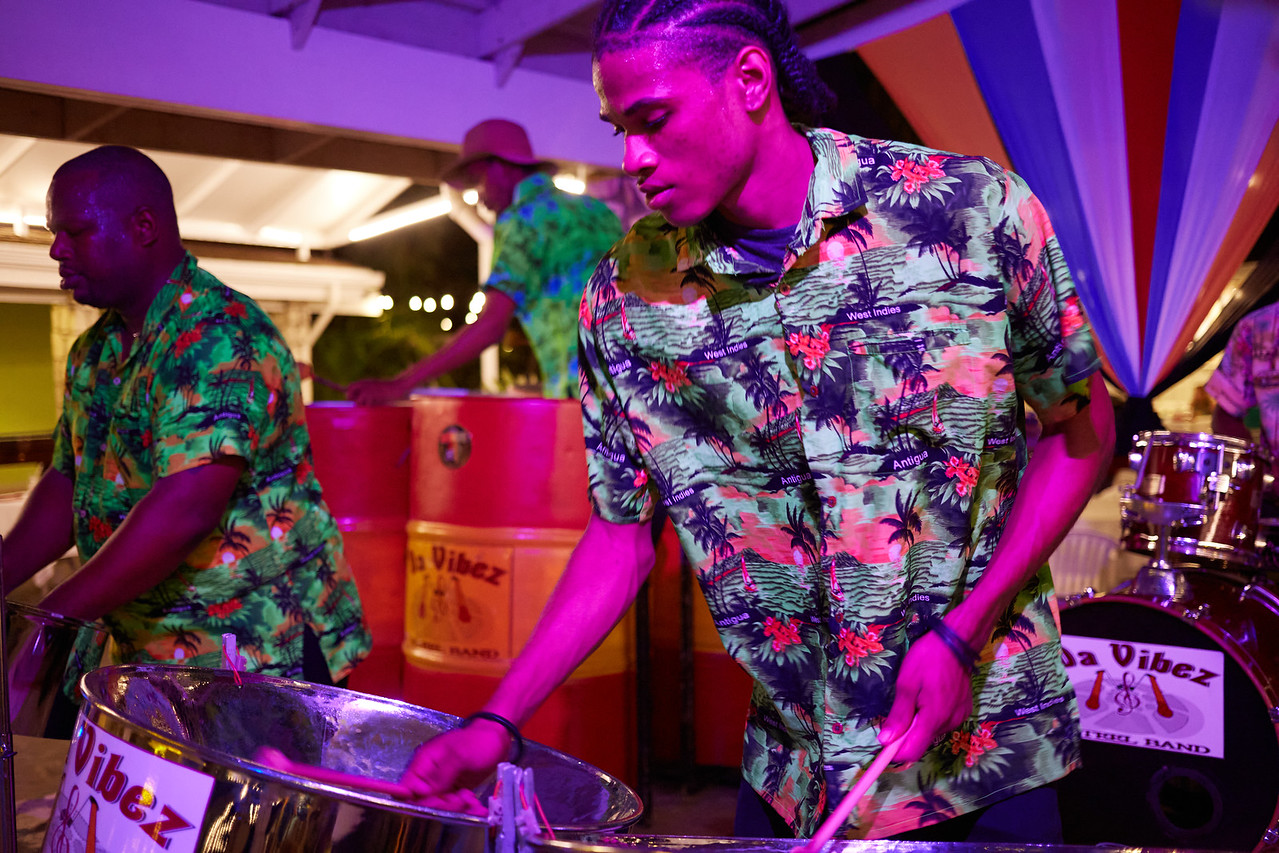 A band performing with steel drums on stage at The Pineapple Beach Club Antigua, Antigua.