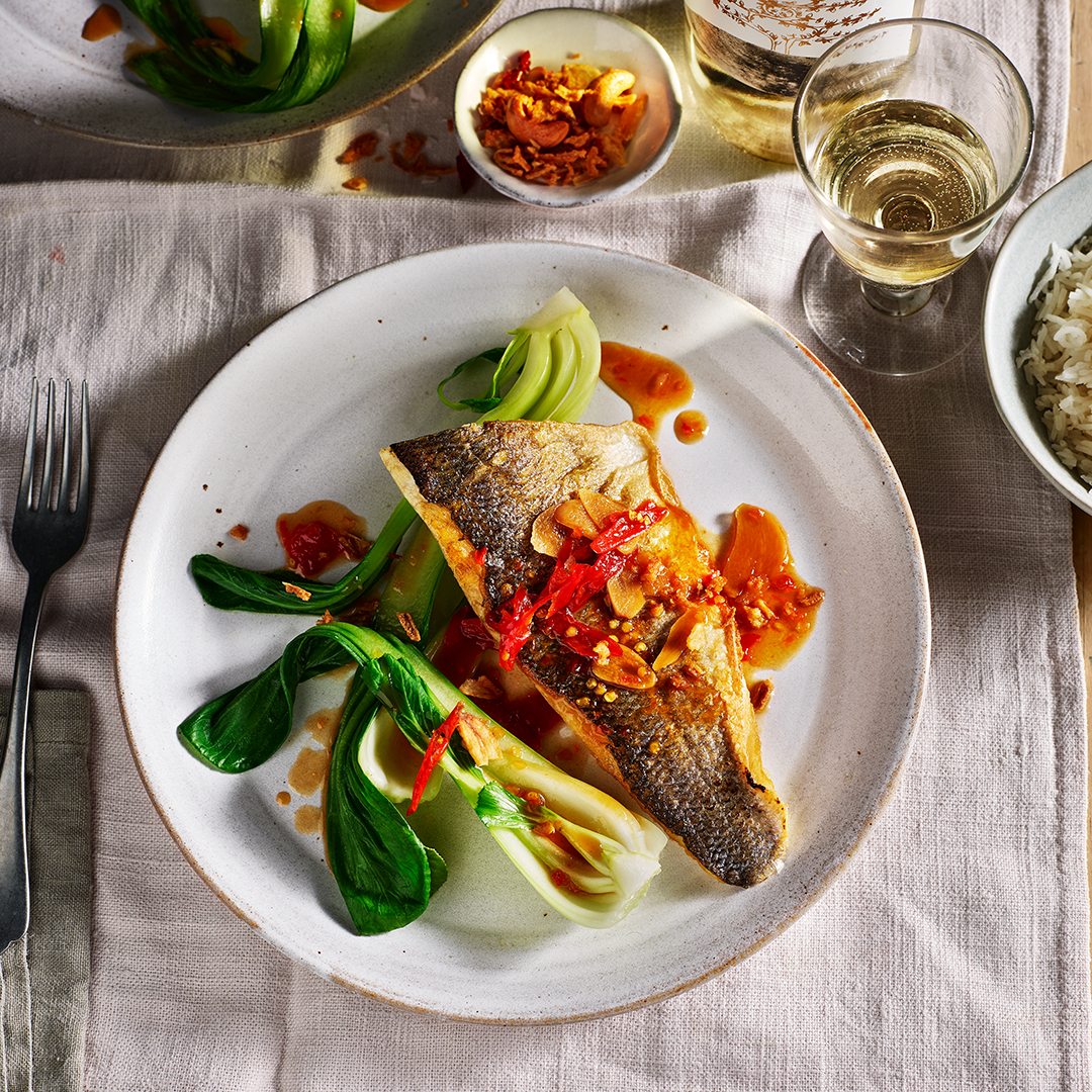 Seabass dish on tablecloth