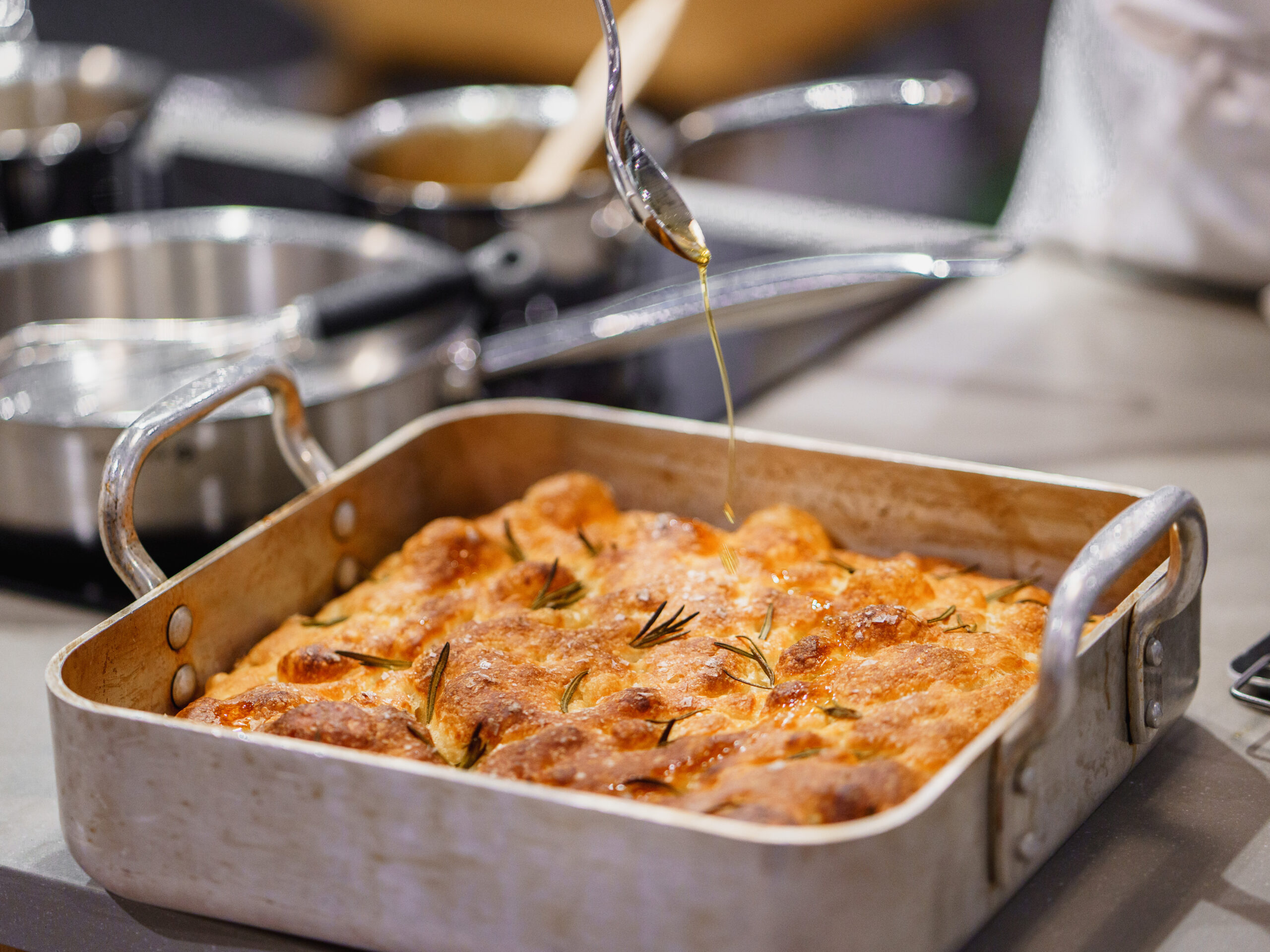 Freshly cooked bread in a baking tray