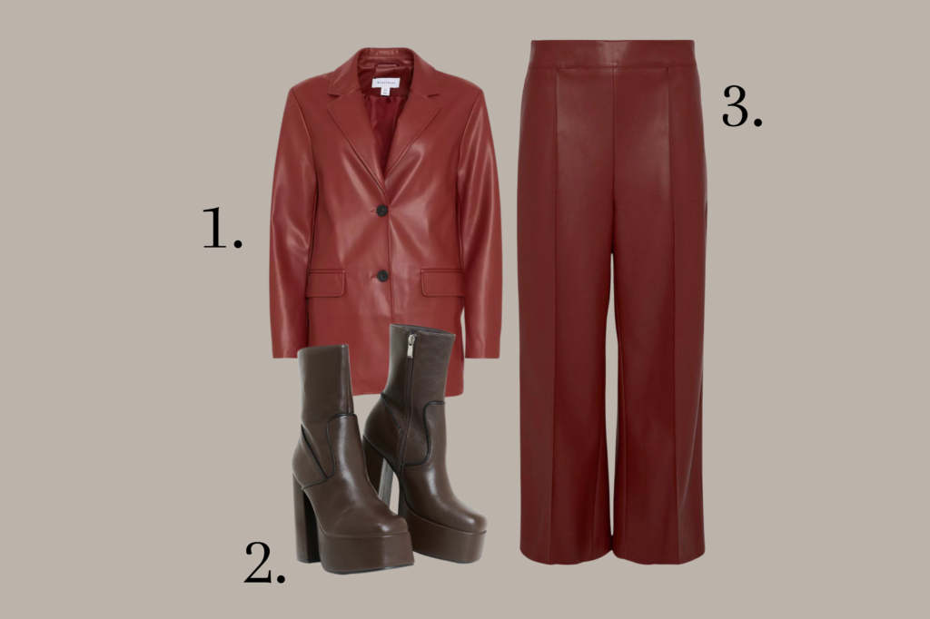 Fashion illustration to achieve the Margot Robbie power suit look: 1/Single-breasted modern faux leather blazer, 2/ chocolate brown platform boots, and 3/ faux leather wide crop trousers.