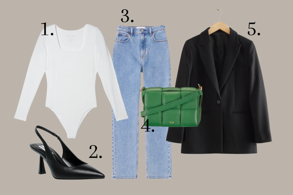 Fashion illustration to achieve the Margot Robbie It girl look: 1/ Everlane The Long-Sleeve Supima® Square-Neck Bodysuit, 2/ Steve Madden Lustrous Pump Black Leather, 3/ Abercrombie & Fitch Ultra High Rise 90s Straight Jean, and 4/ LRM Goods Lucia Woven Cross Body.