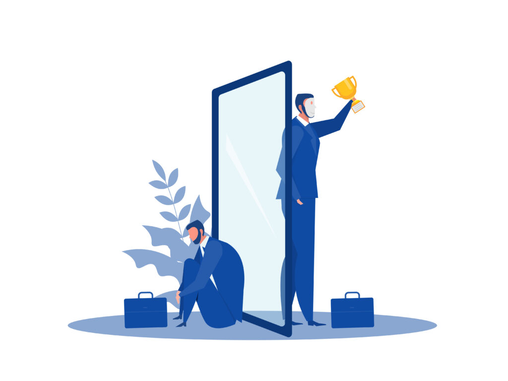 Illustration of a mirror - on one side is a successful businessman triumphing with a trophy in hand, on the other the businessman is sitting downcast in defeat.