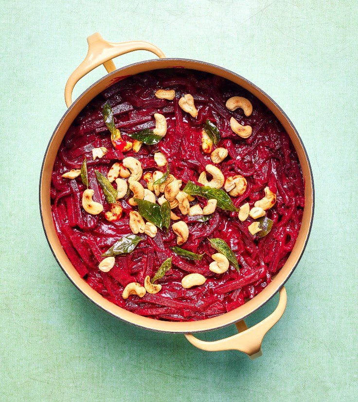 Aerial view of the dish Beetroot and Cashew Curry from Broke Vega: One Pot.