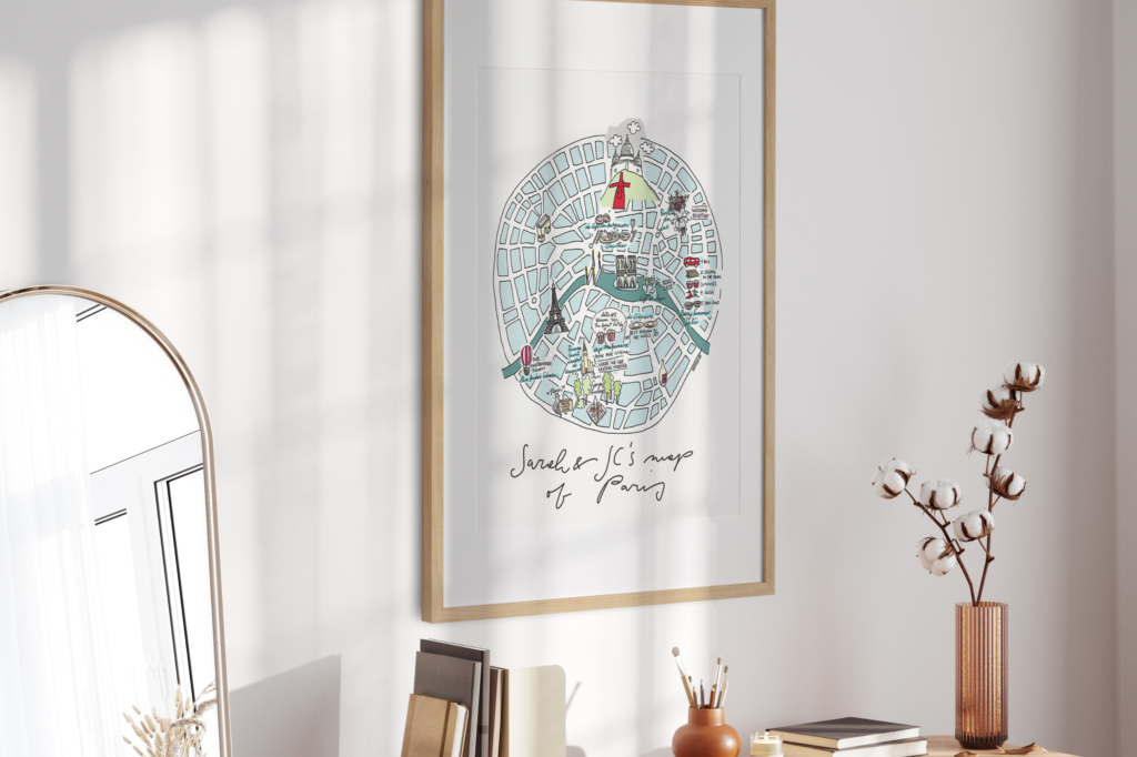 A bespoke framed map on a living room wall designed by Sonja Bajic Studio - a perfect gift for Valentine's Day.