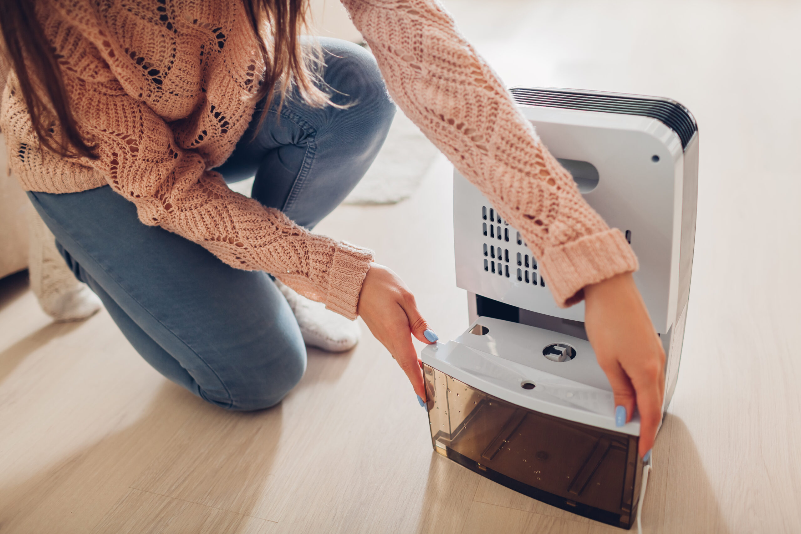 A woman changes the water container of a dehumidifier.