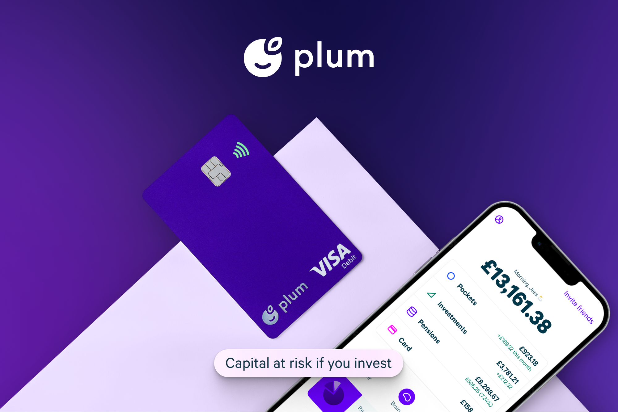 Illustration of savings app 'plum' with a purple 'plum' VISA card next to an iPhone with the app installed.