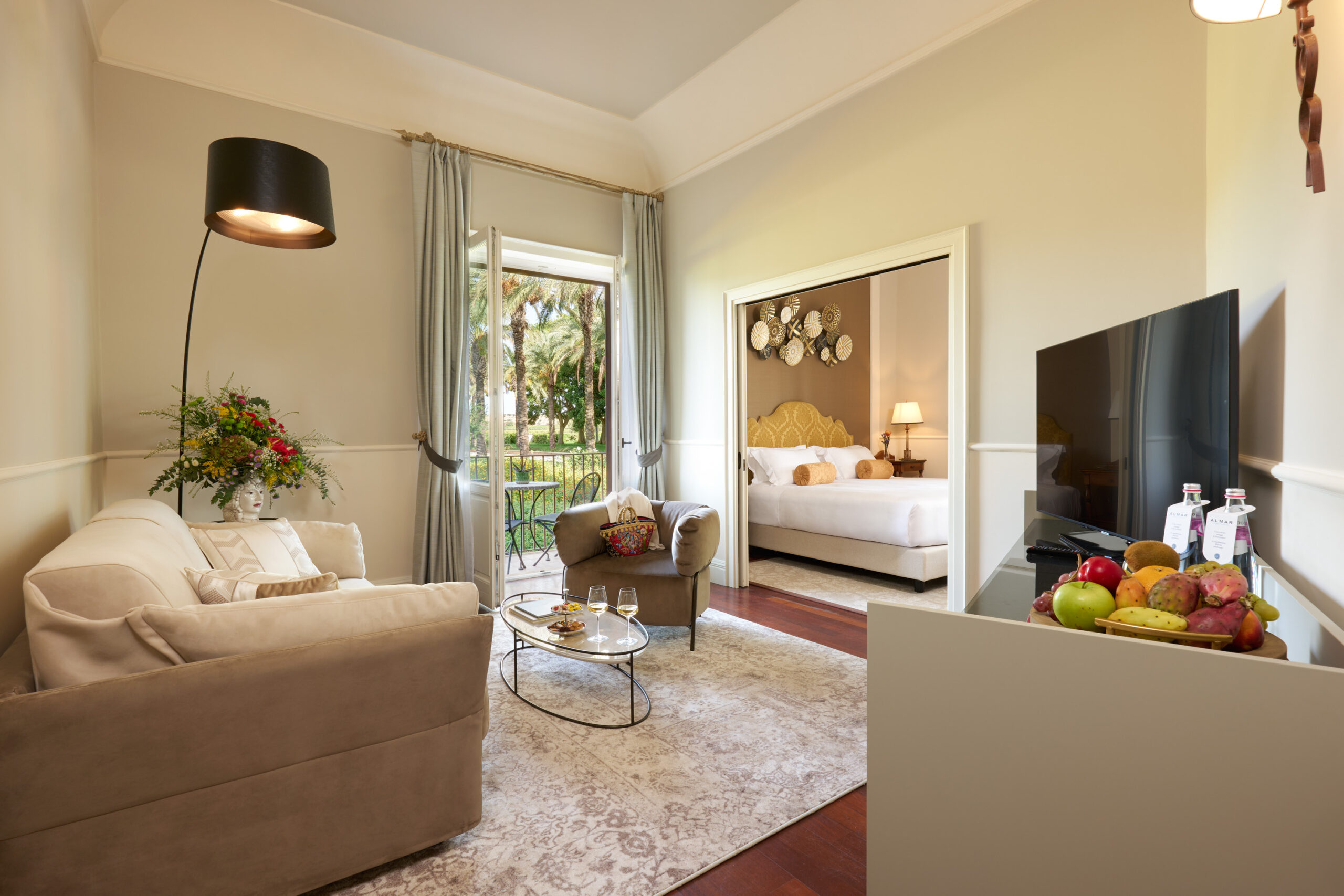 Lavish hotel suite in beige and terracotta shades