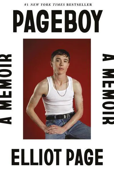 Actor and writer Elliot Page is shown posing for the camera in jeans and white vest, looking masculine on the front cover of Pageboy: A Memoir by Elliot Page.