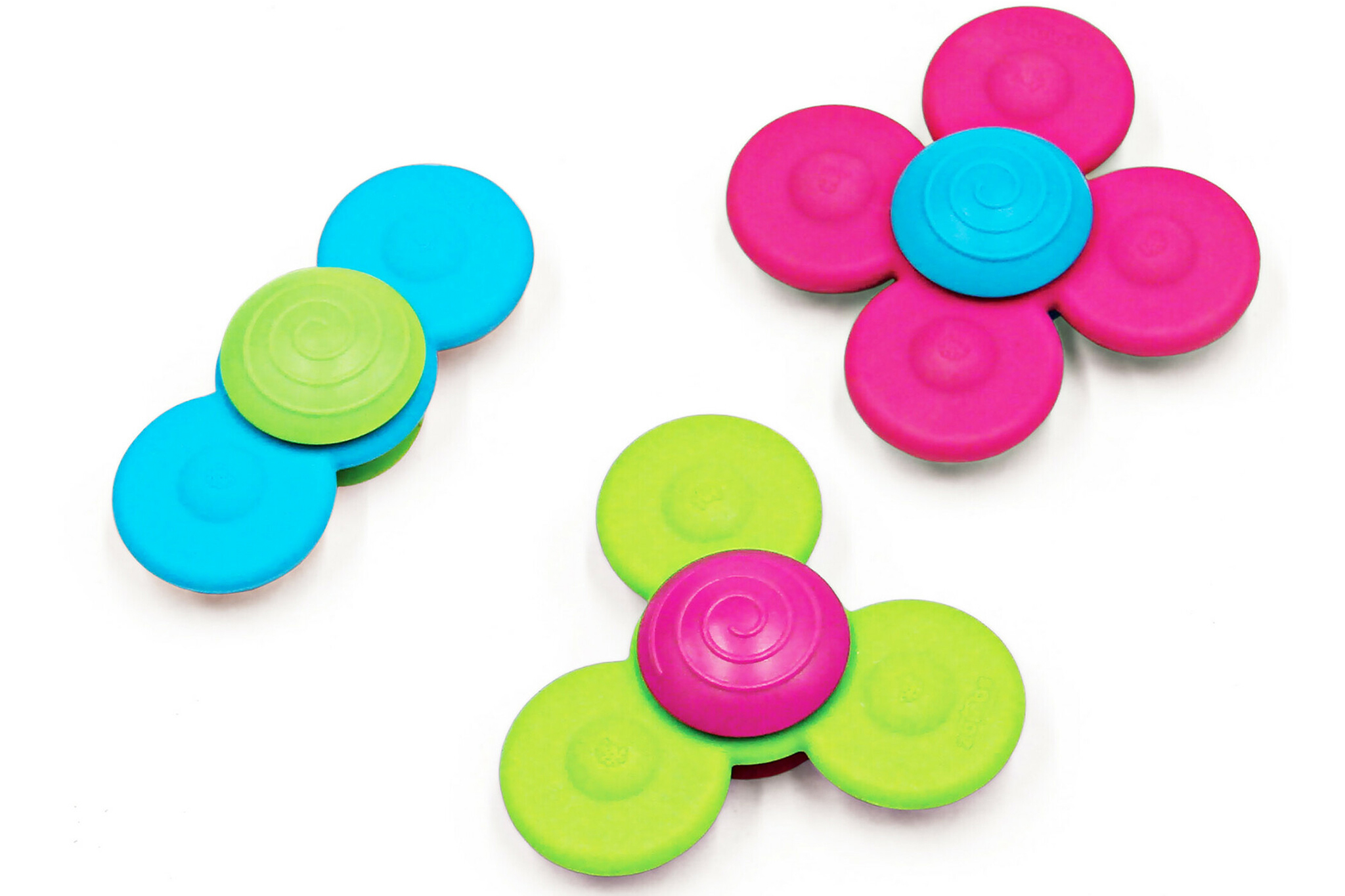 Colourful, flower-shaped spinning toys