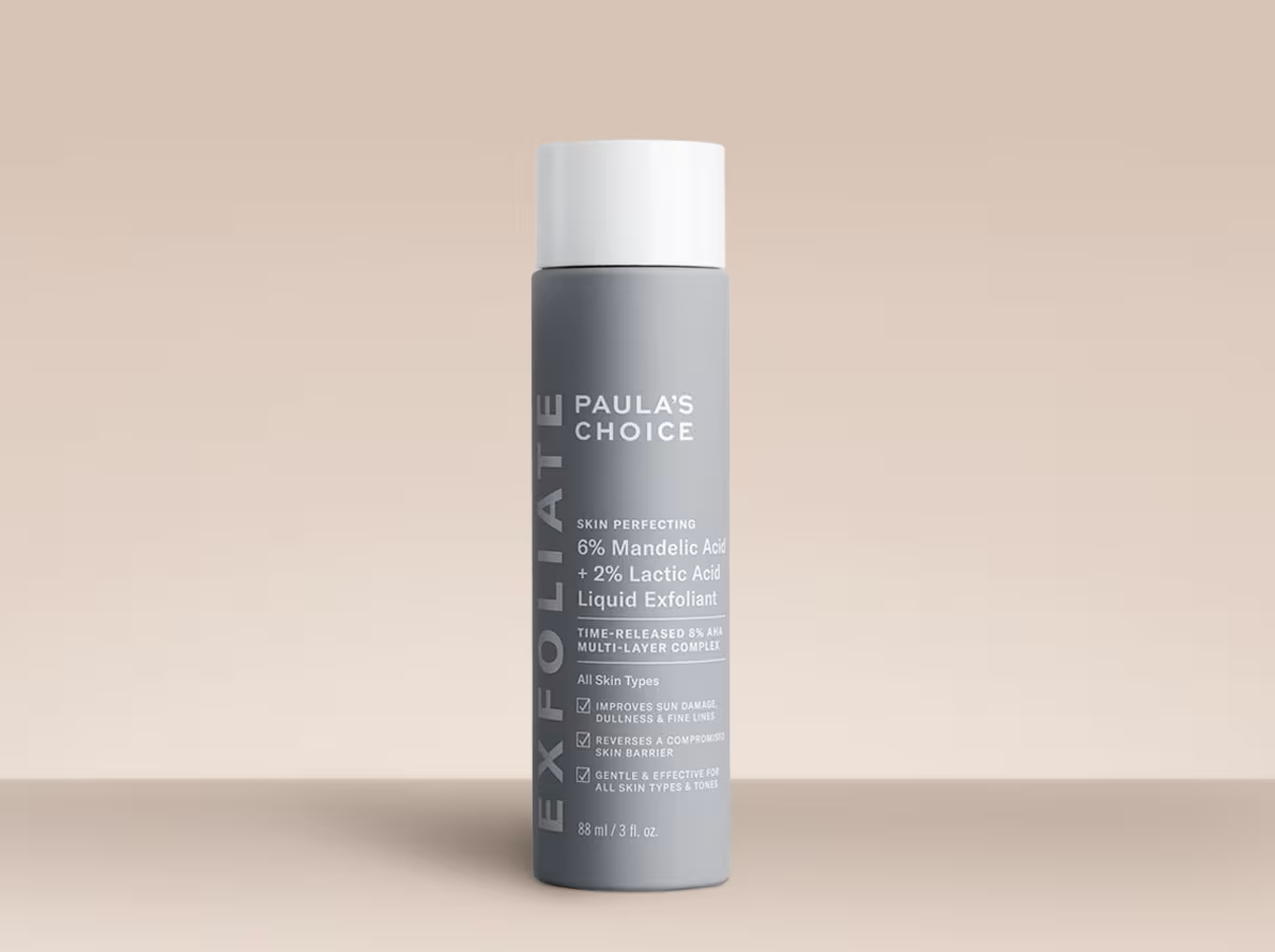 A product shot of the Paula's Choice mandelic exfoliator on a beige background