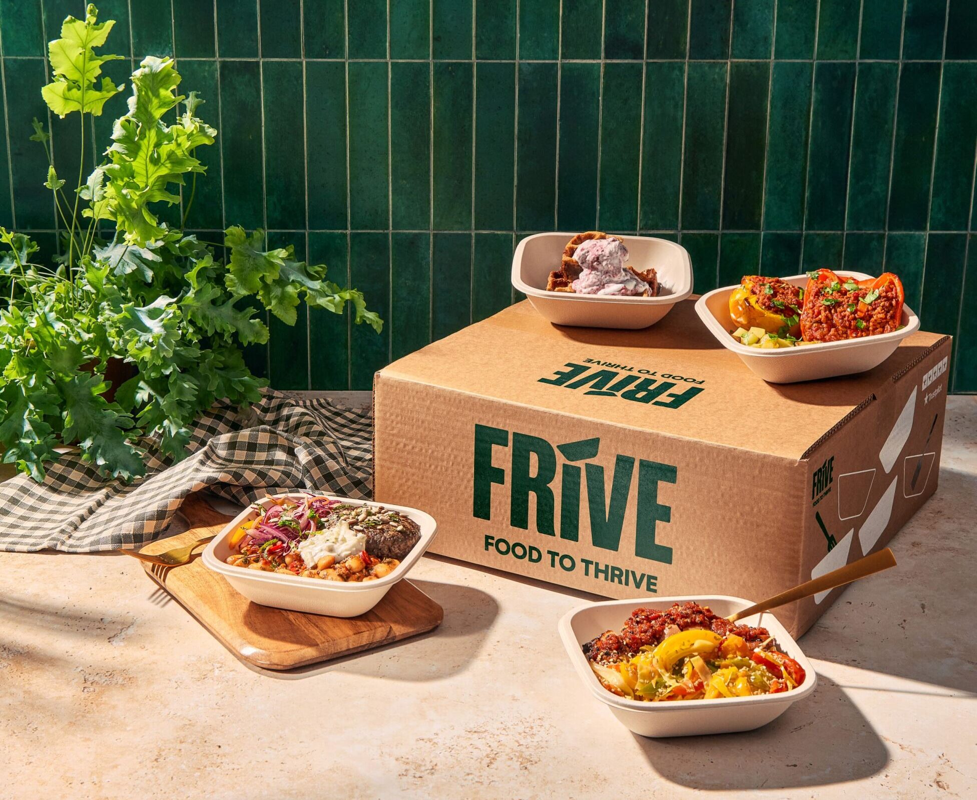 Prepped meals in boxes are scattered on and around a cardboard box with Frive written on it