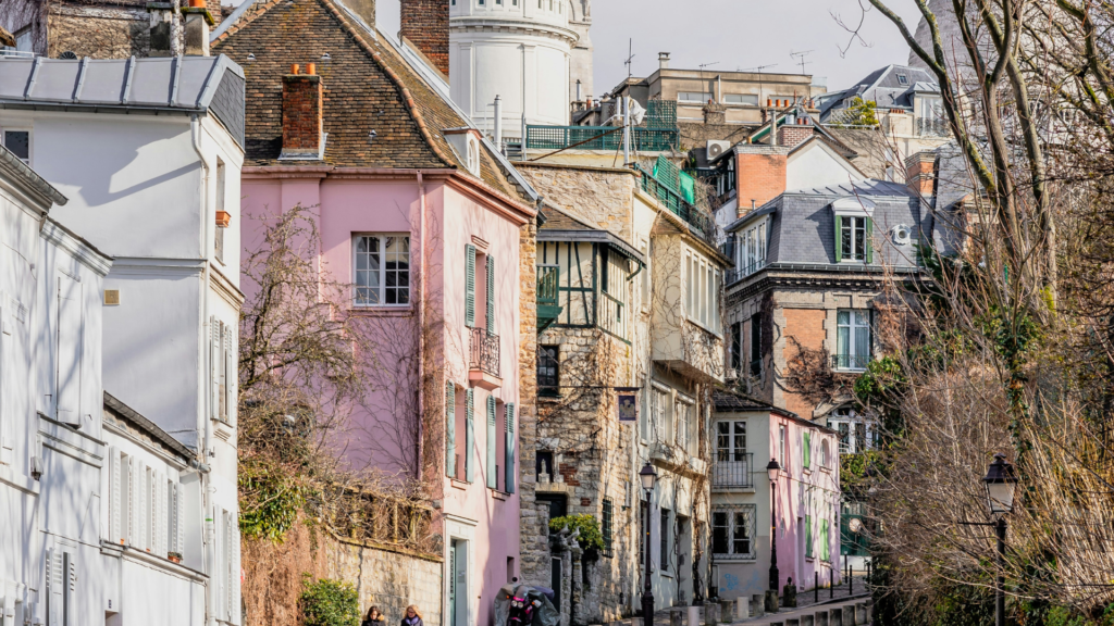 Pink buildings in Montmartre area in Paris, France