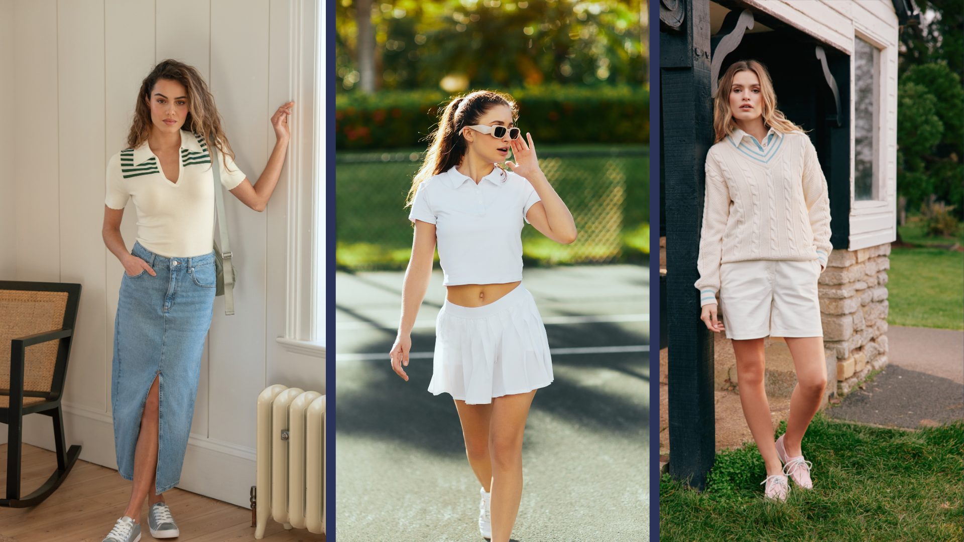 Three lifestyle shots side by side of three women wearing tennis inspired outfits