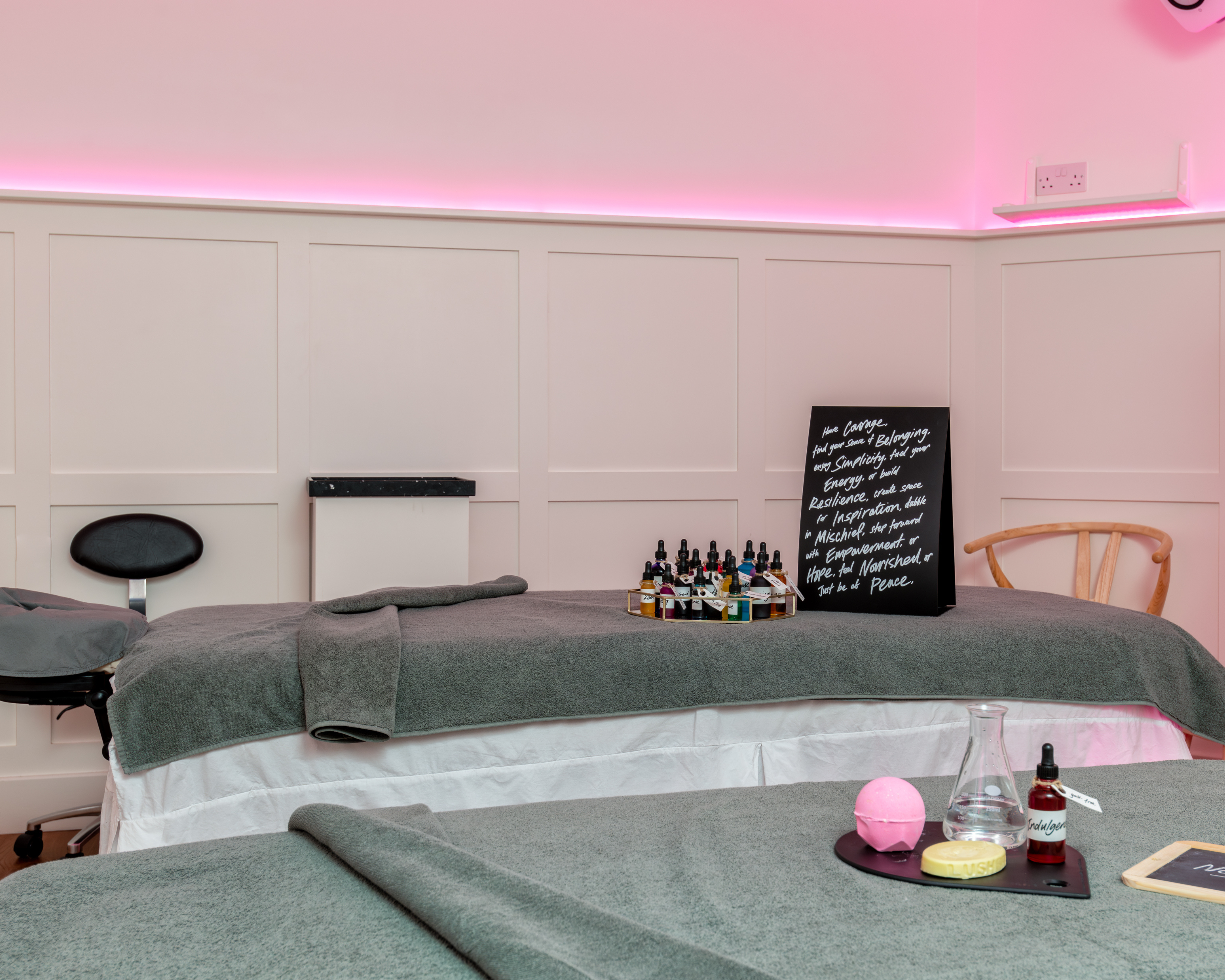 Lounge beds and beauty products pictured at the Lush Spa