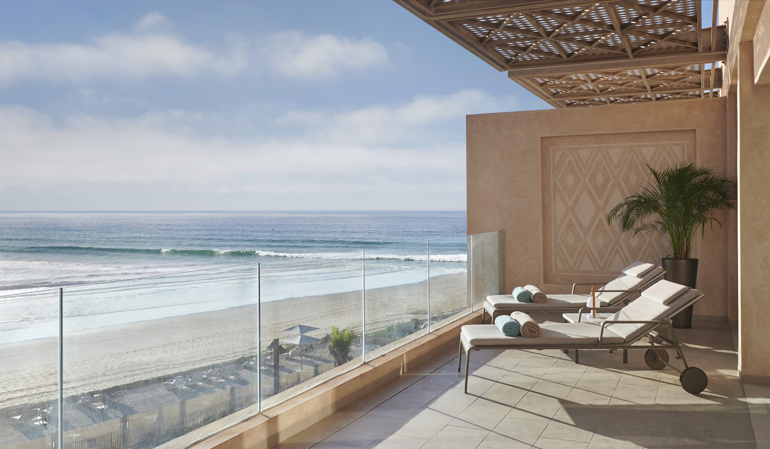 A Fairmont hotel room balcony overlooking Taghazout Bay in Morocco