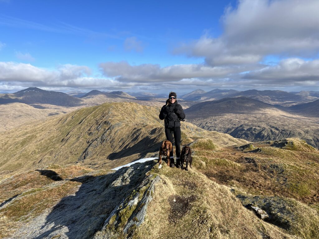 Hollie Jenkins on a mountain with her spaniels, Spencer and Hugo.