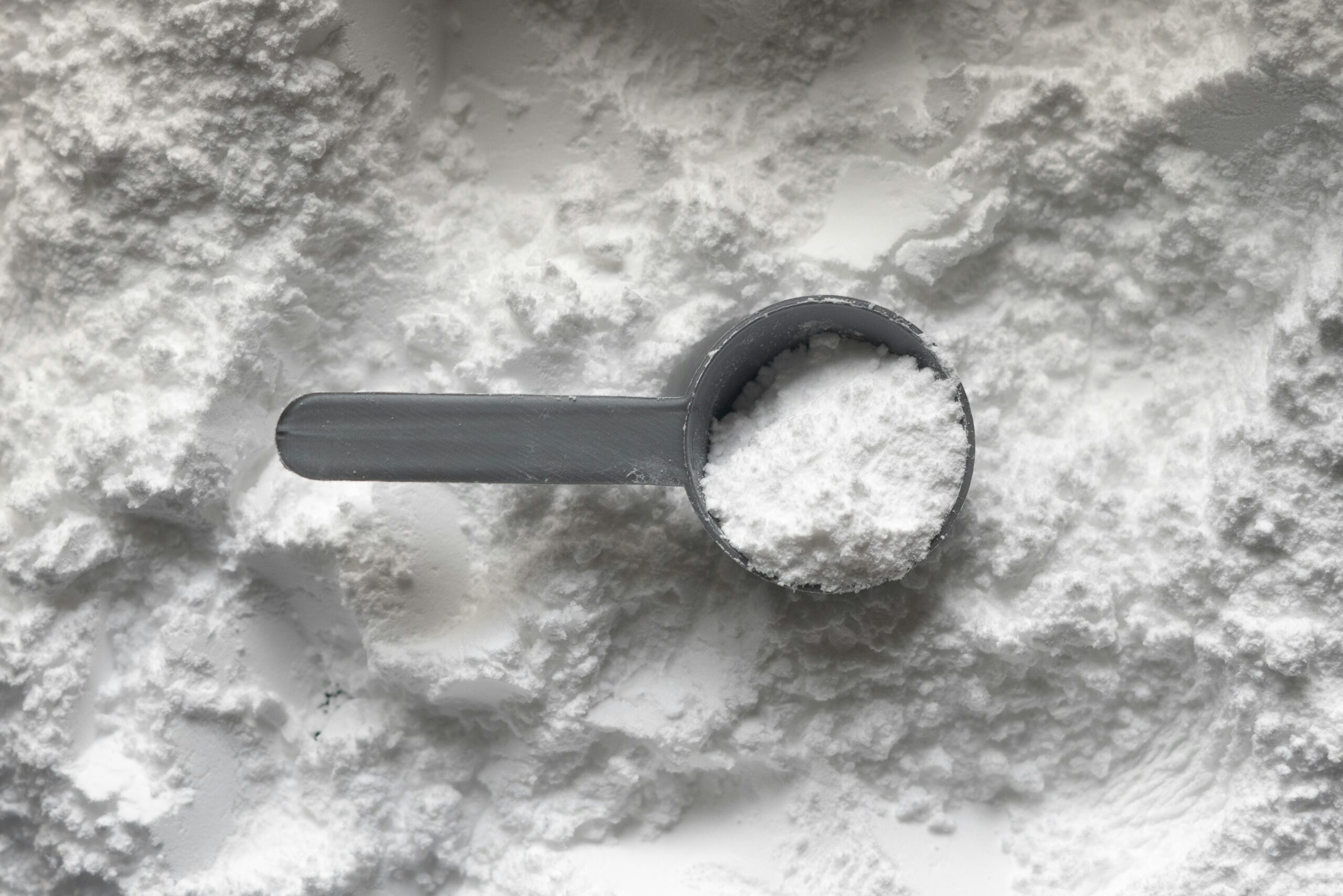 Creatine powder laid out with a plastic scooper in it