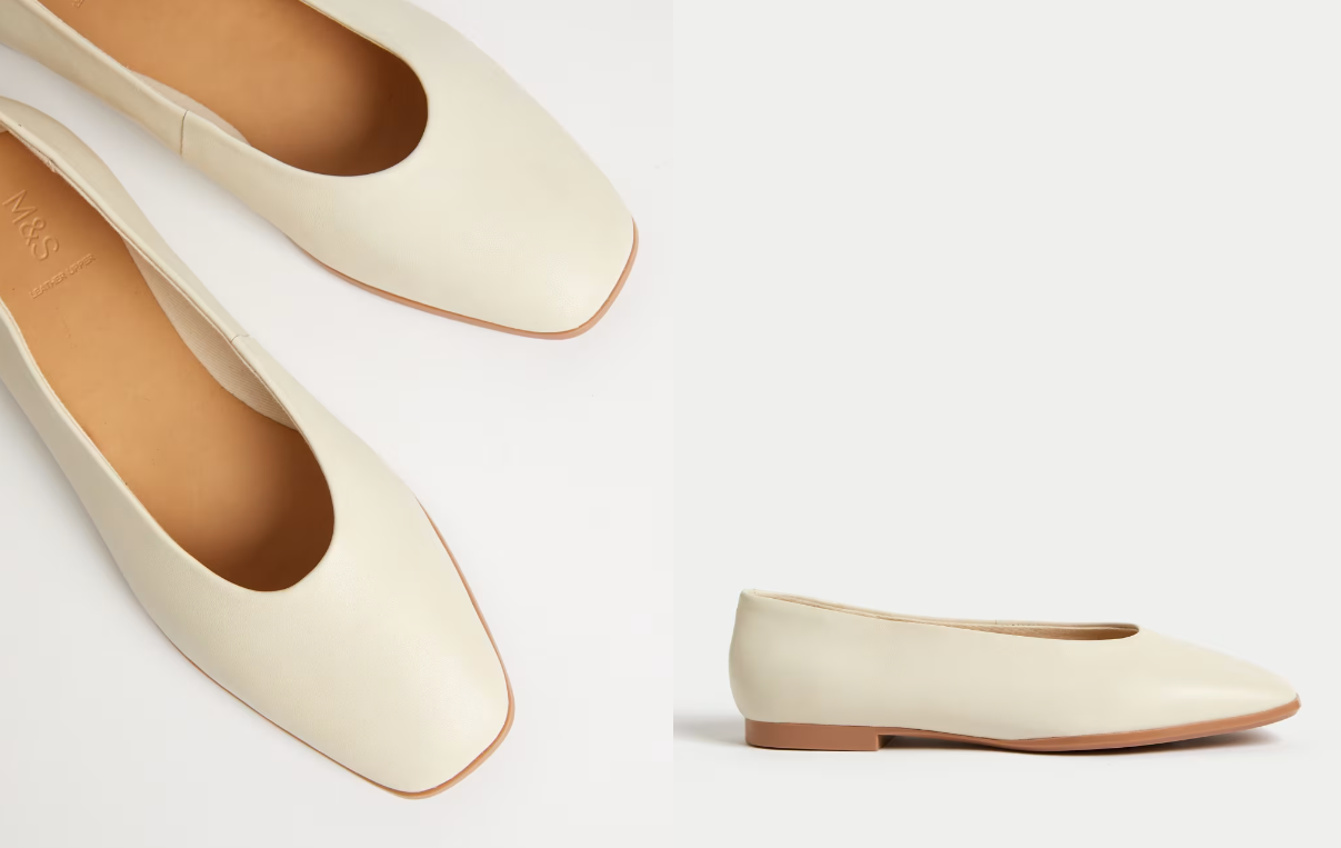 Ivory square toed ballet pumps from different angles