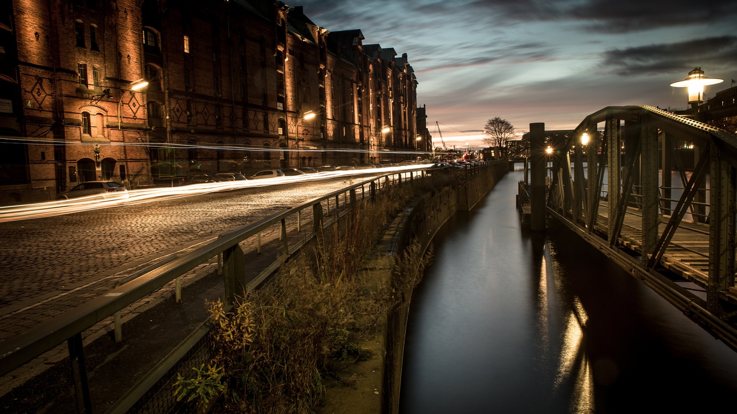 The warehouse district of Speicherstadt, Hamburg, Germany by night.