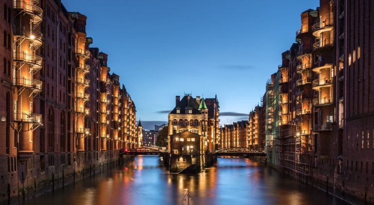 Framed by two canals, the Wasserschloss in Hamburg
