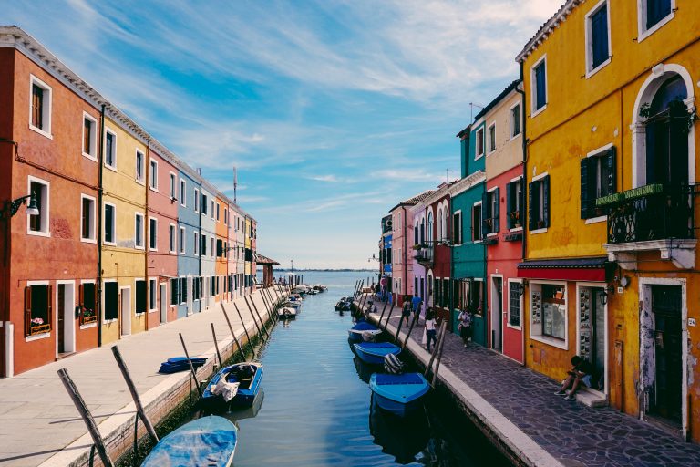 The many bright coloured houses of Burano, Italy