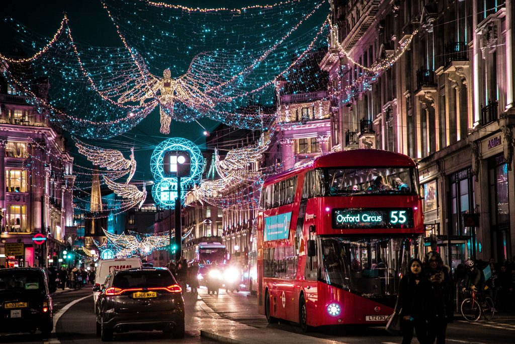 Above the hectic traffic, the Oxford Street Christmas Lights light up the night.