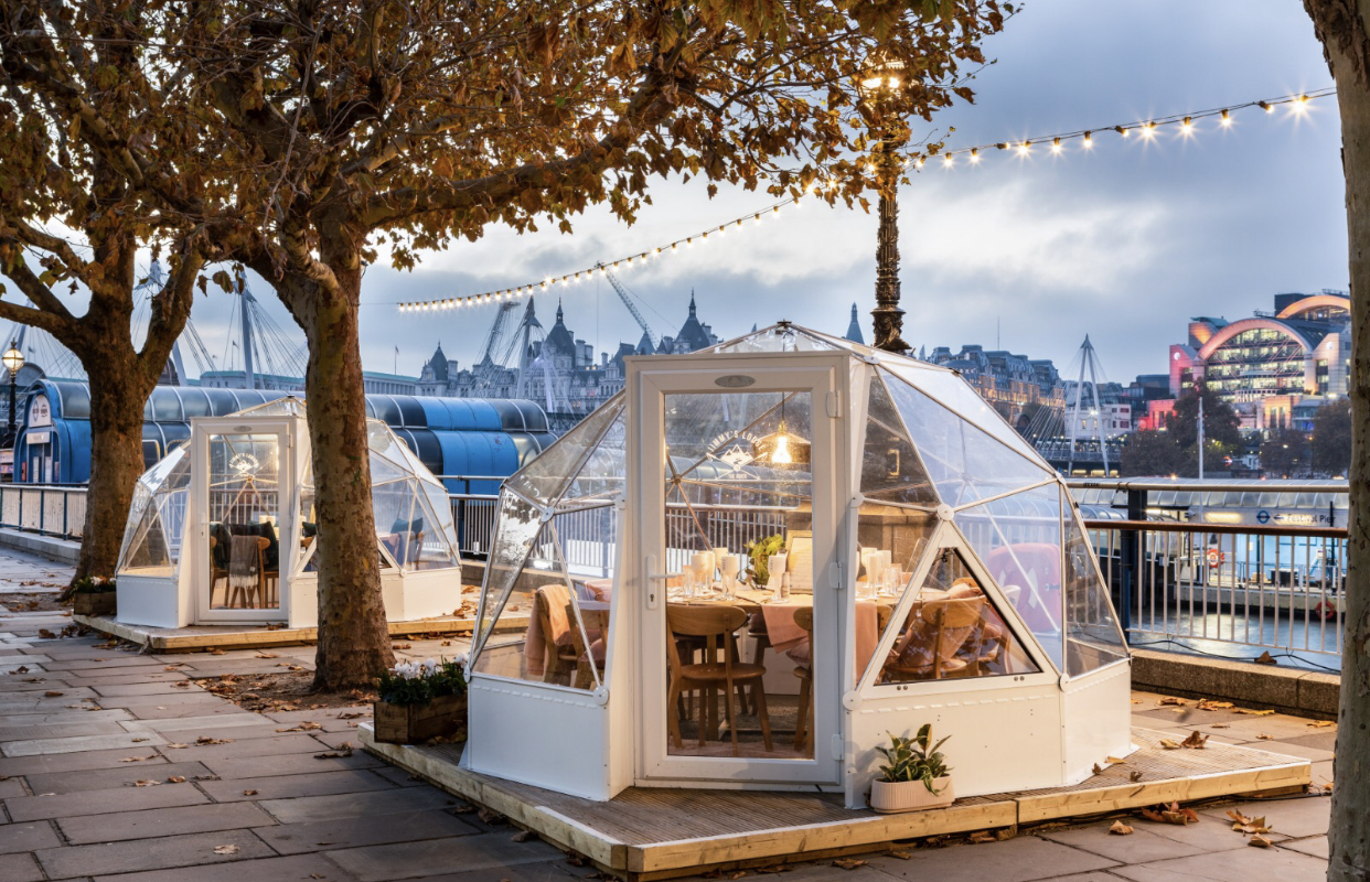 Two igloos on the South Bank set up for private dining courtesy of Jimmy's Lodge Christmas pop up